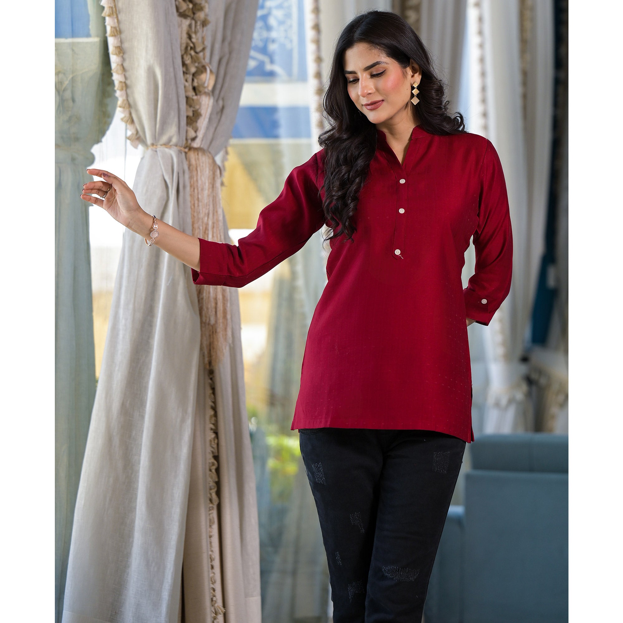 Maroon Solid Cotton Silk Straight Top