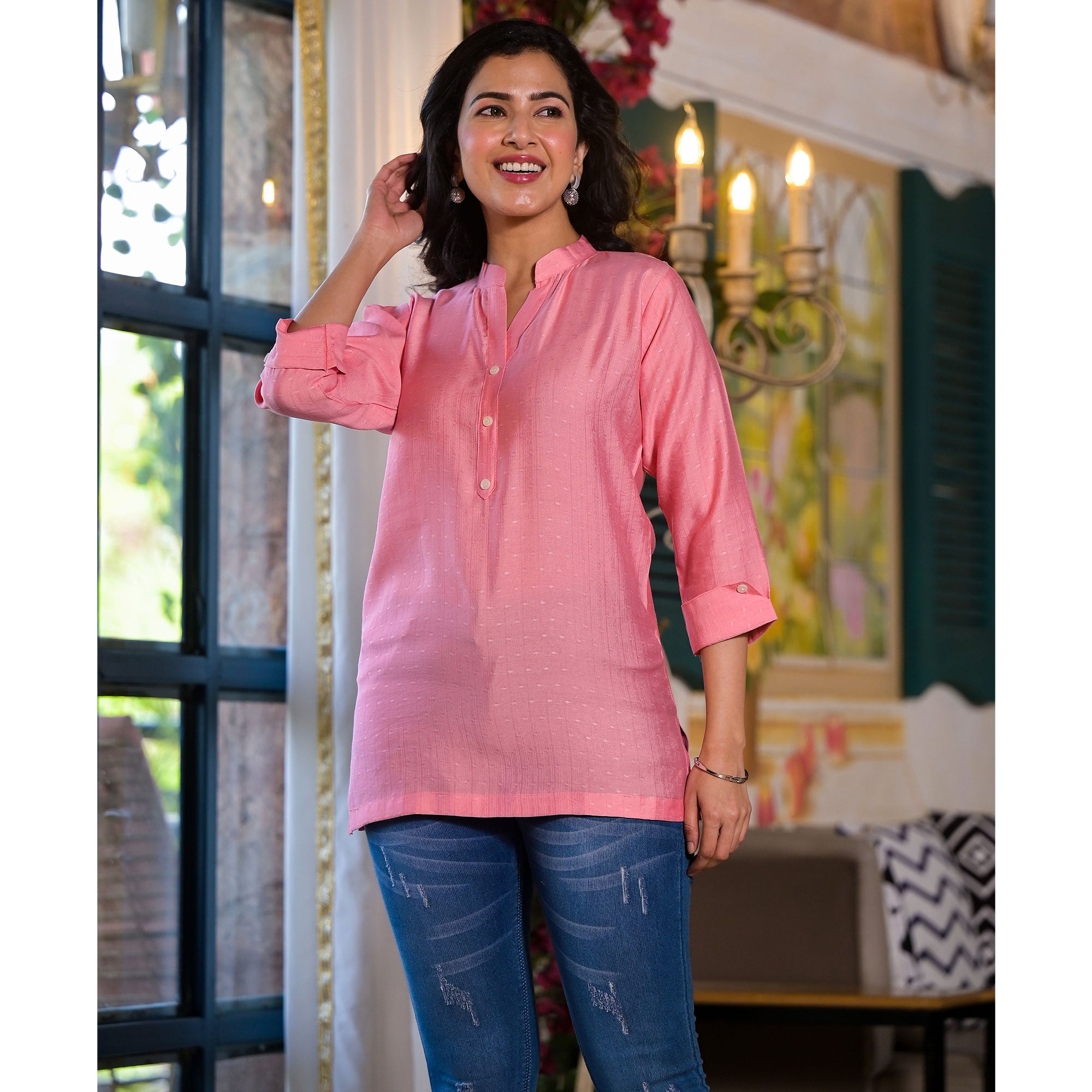 Pink Solid Cotton Silk Straight Top