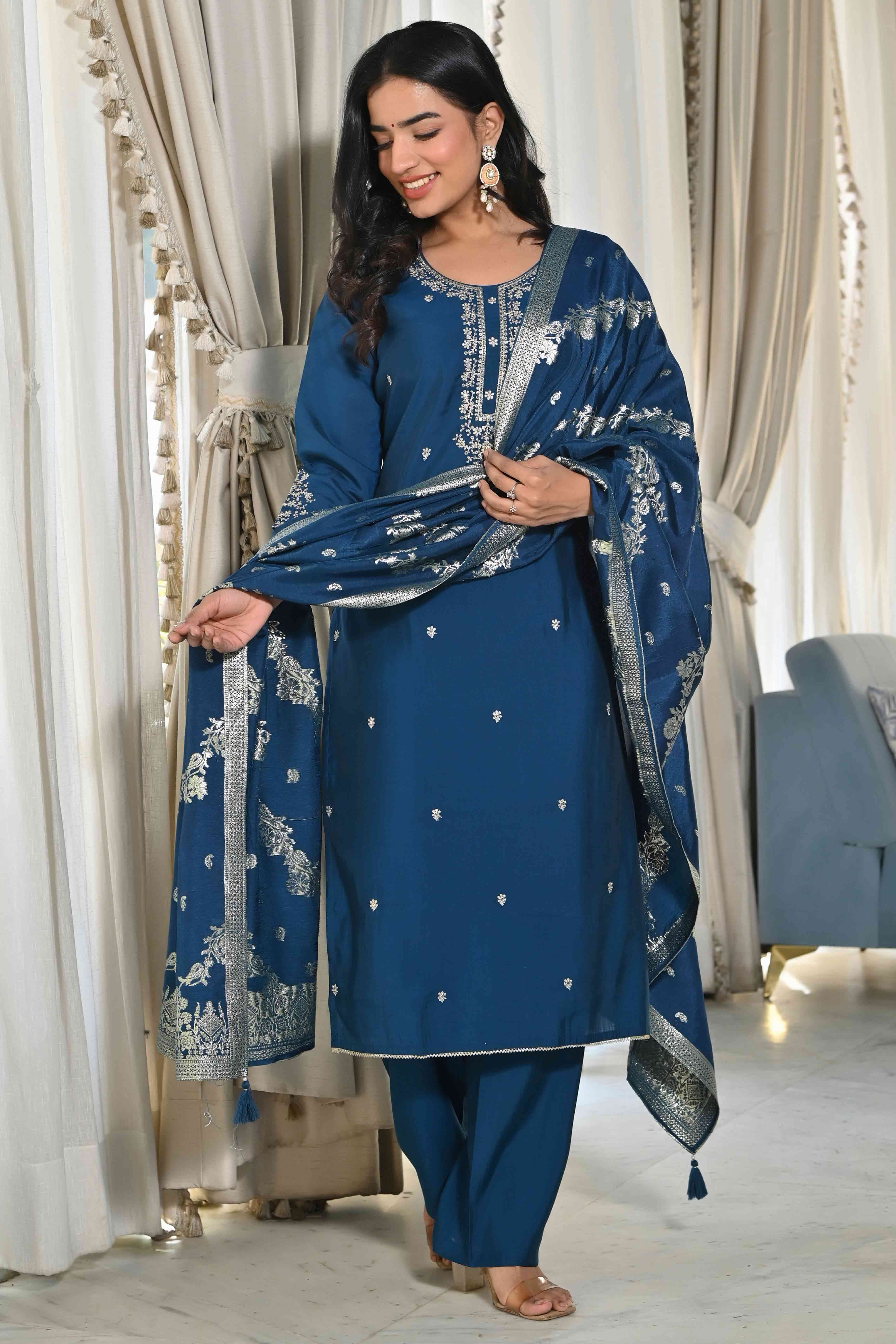 Blue Sequins Embroidered Chanderi Silk Salwar Suit