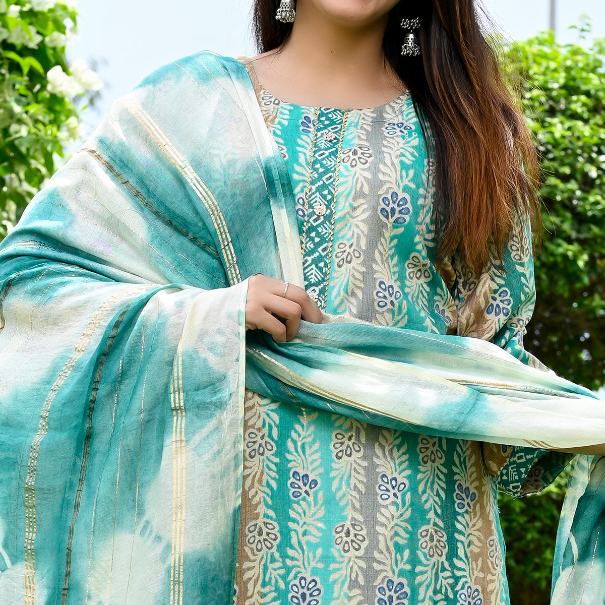 Turquoise Floral Printed Rayon Salwar Suit