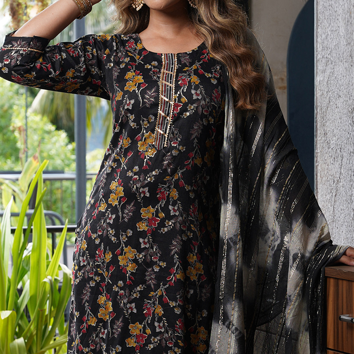 Black Floral Foil Printed Rayon Salwar Suit