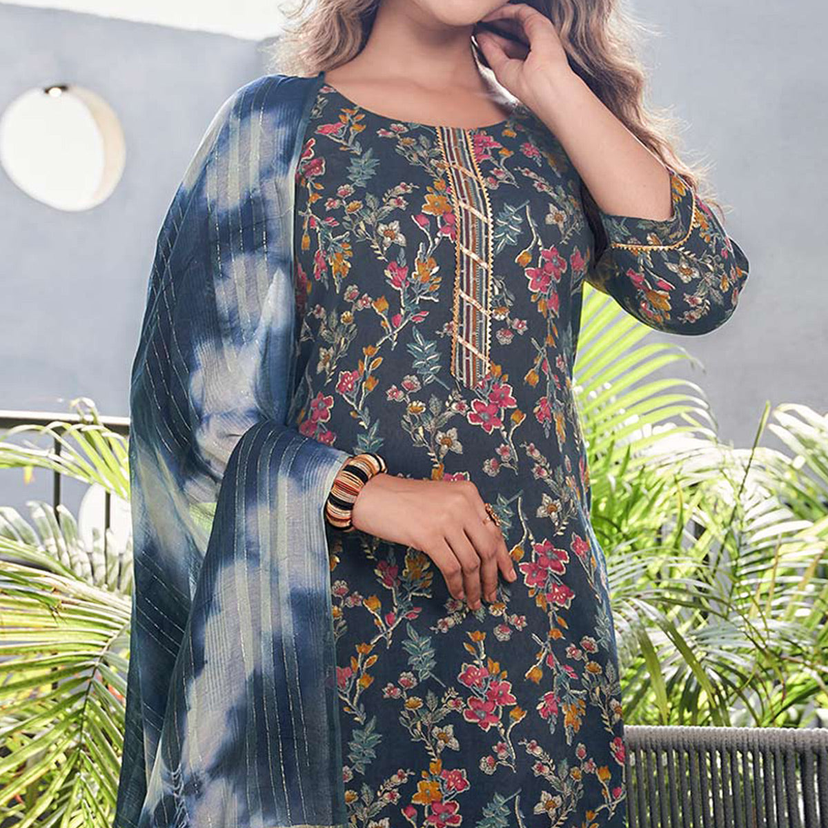 Blue Floral Foil Printed Rayon Salwar Suit