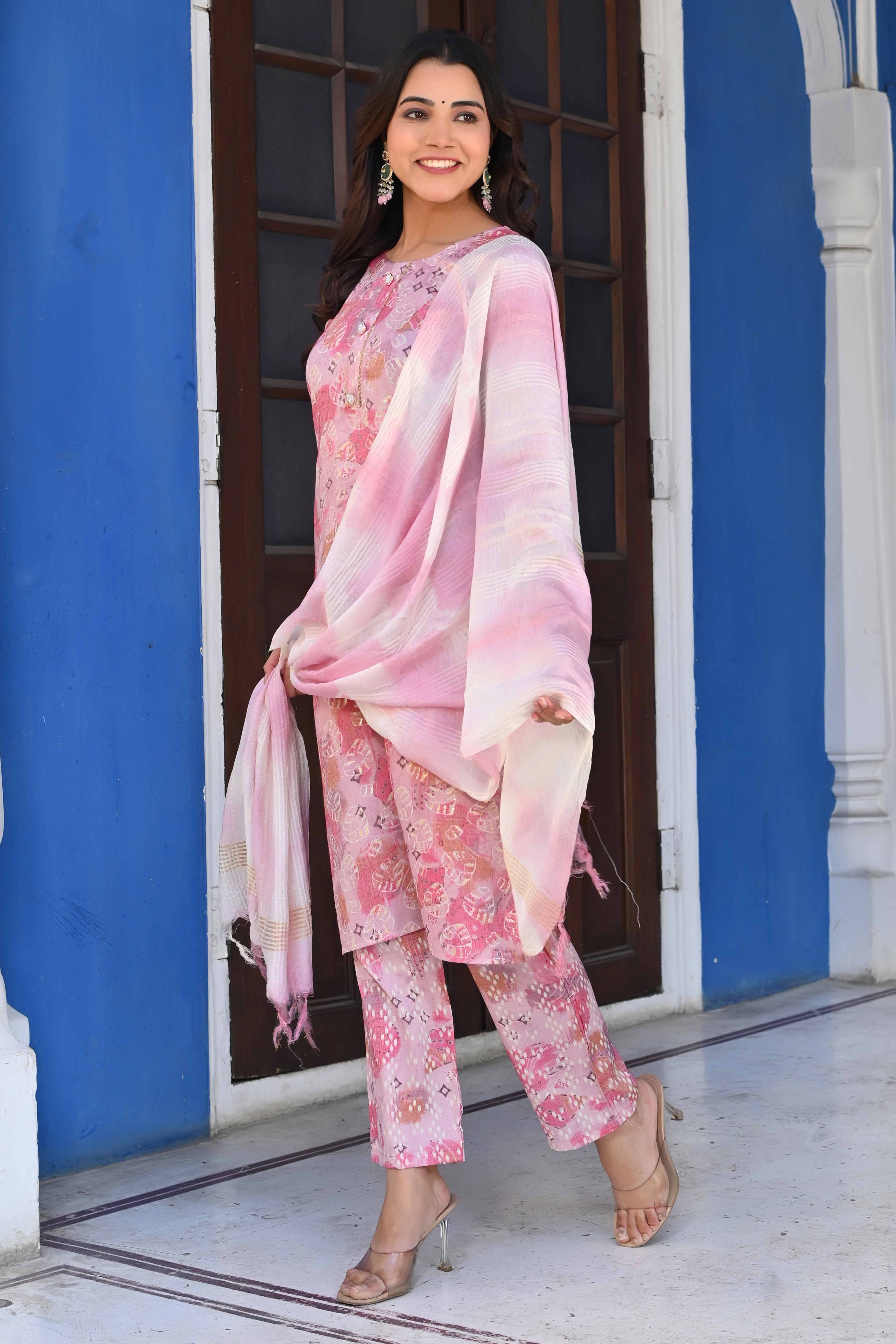 Baby Pink Floral Foil Printed Rayon Salwar Suit