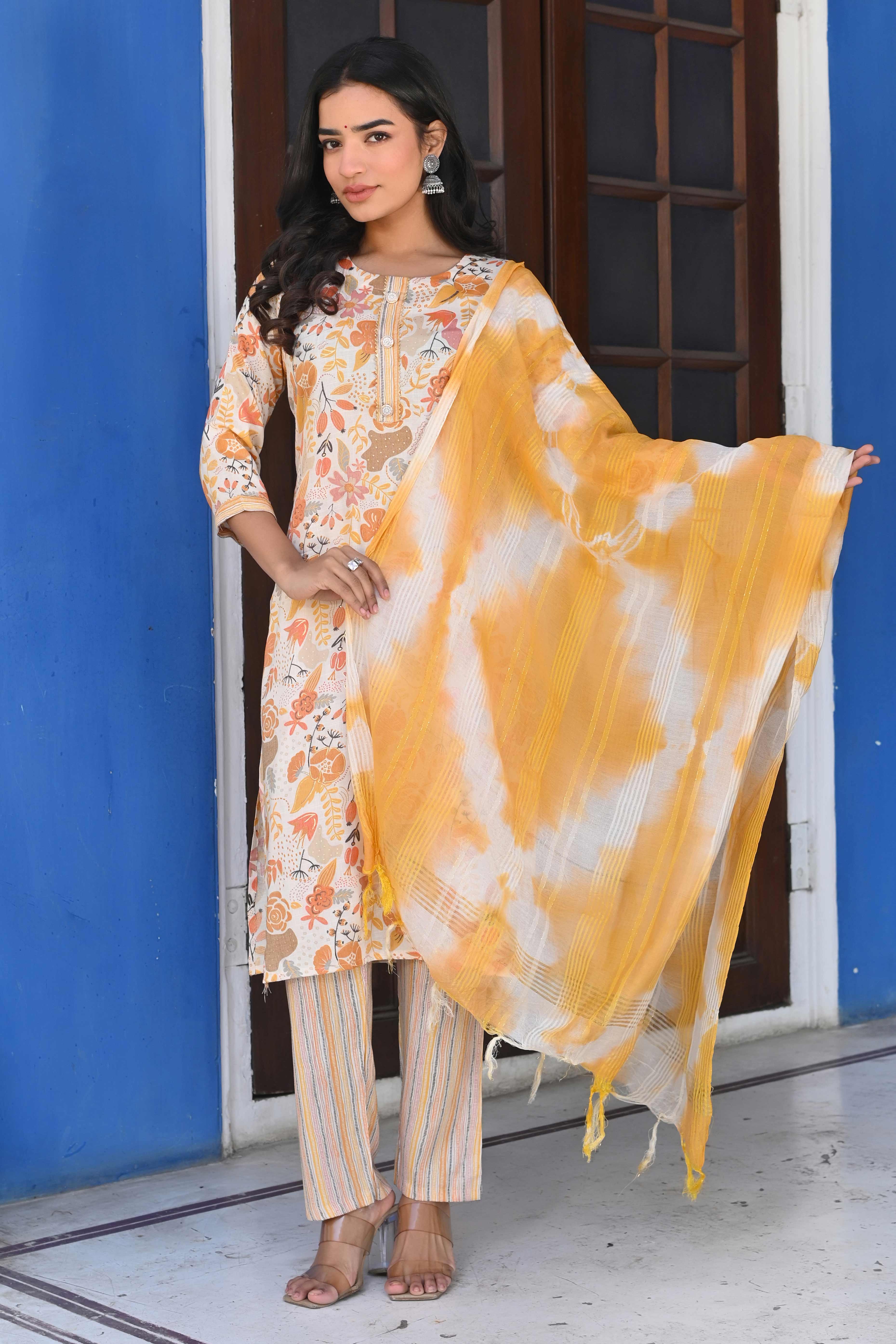 Cream & Yellow Floral Foil Printed Rayon Salwar Suit
