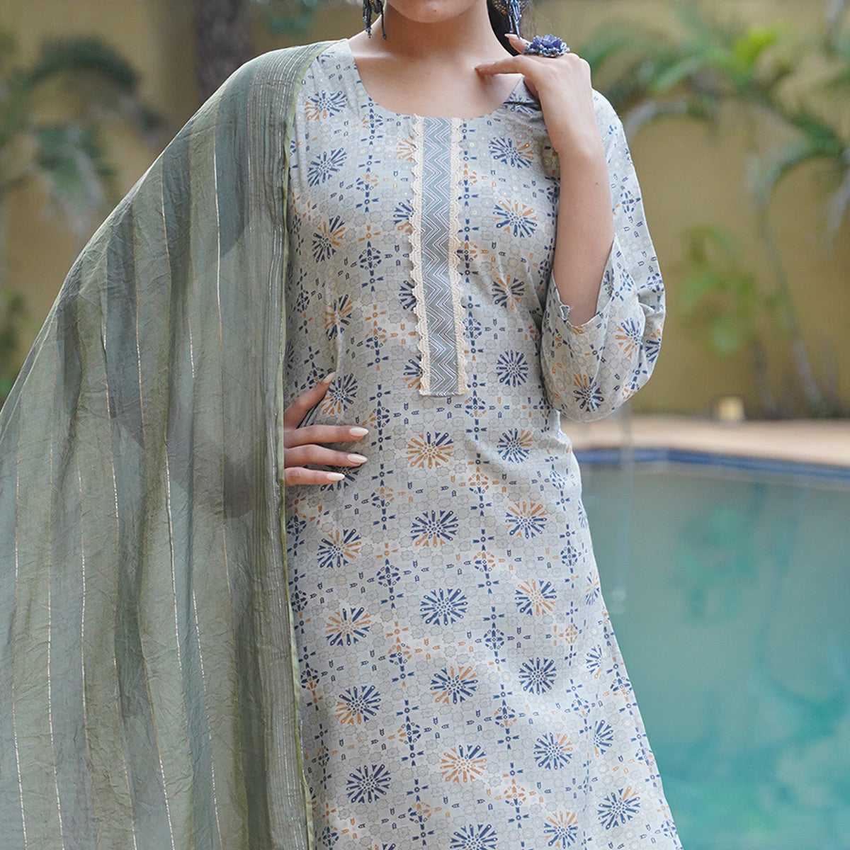 Grey Foil Printed Rayon Suit