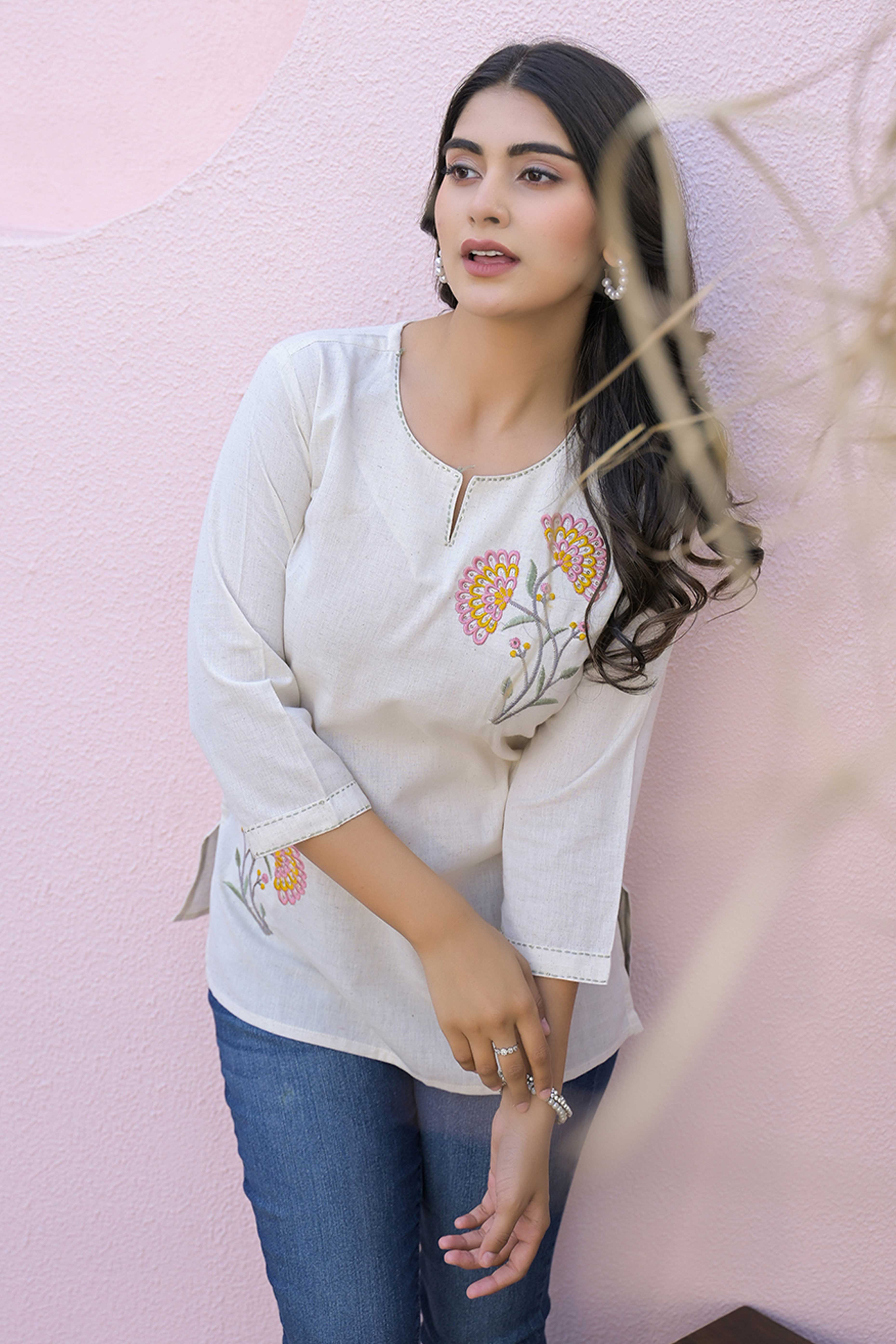 Cream Floral Embroidered Pure Cotton Flex Straight Top