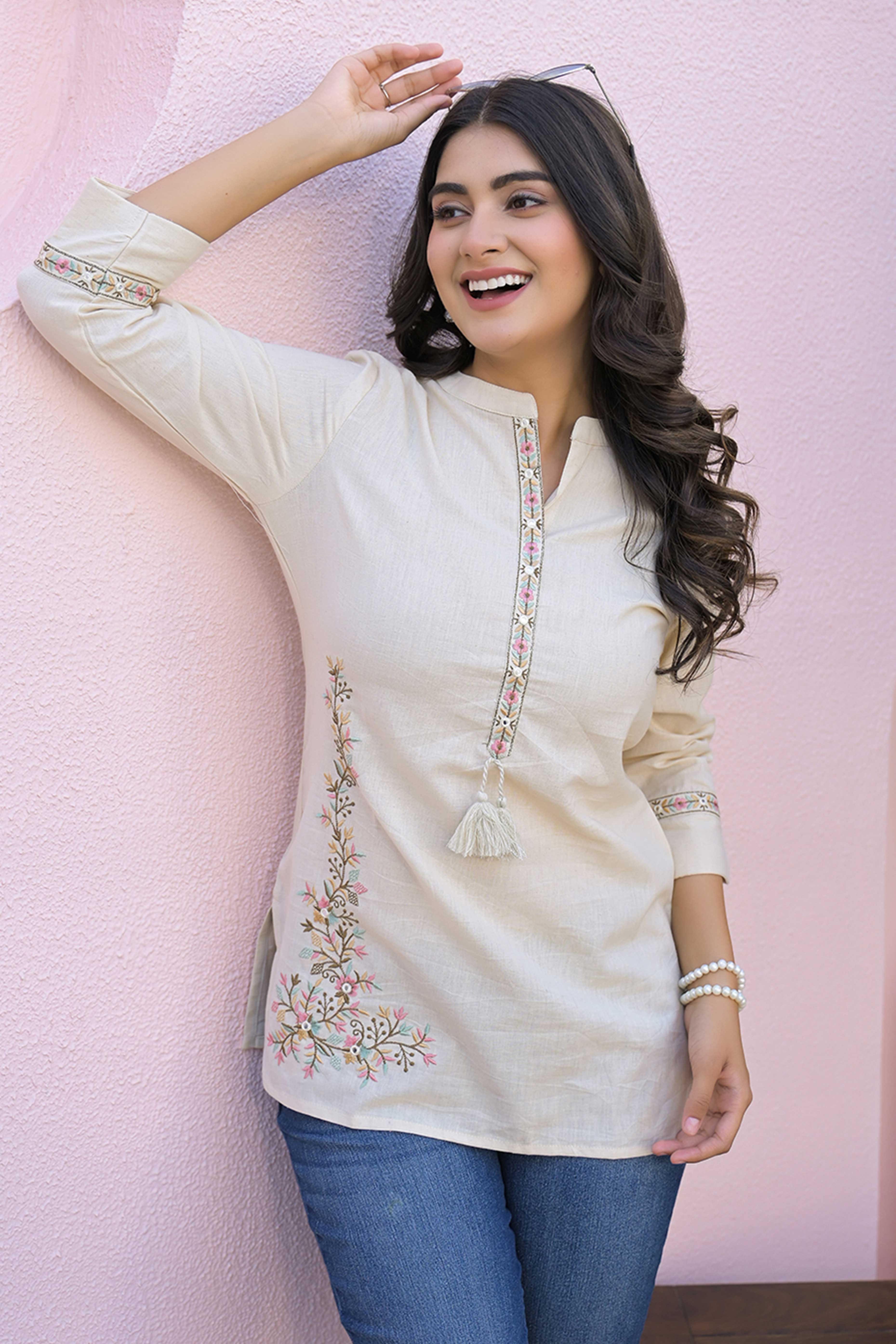 Cream Pure Cotton Straight Top with Elegant Floral Embroidery