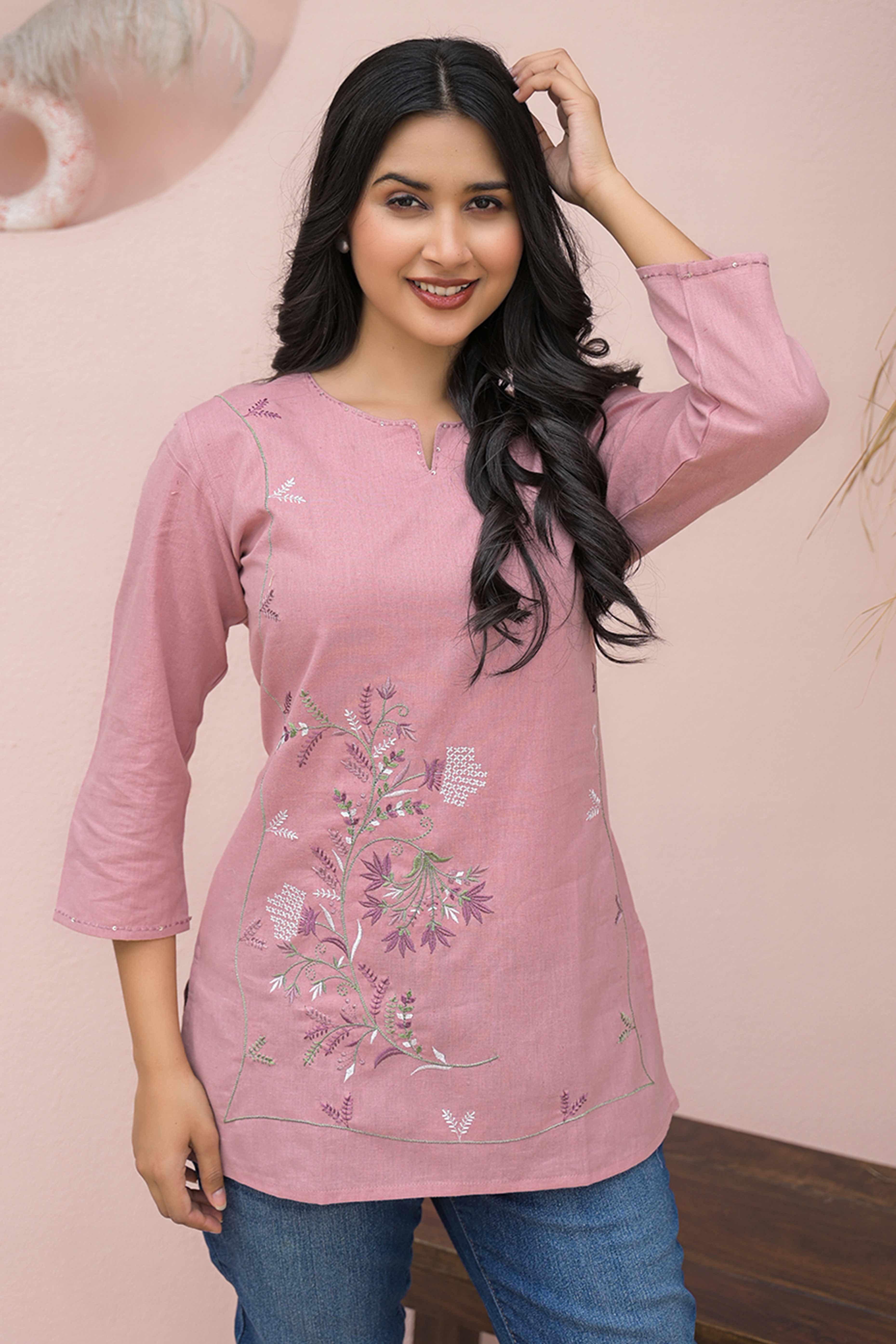 Peach Straight Fit Cotton Top with Intricate Floral Embroidery