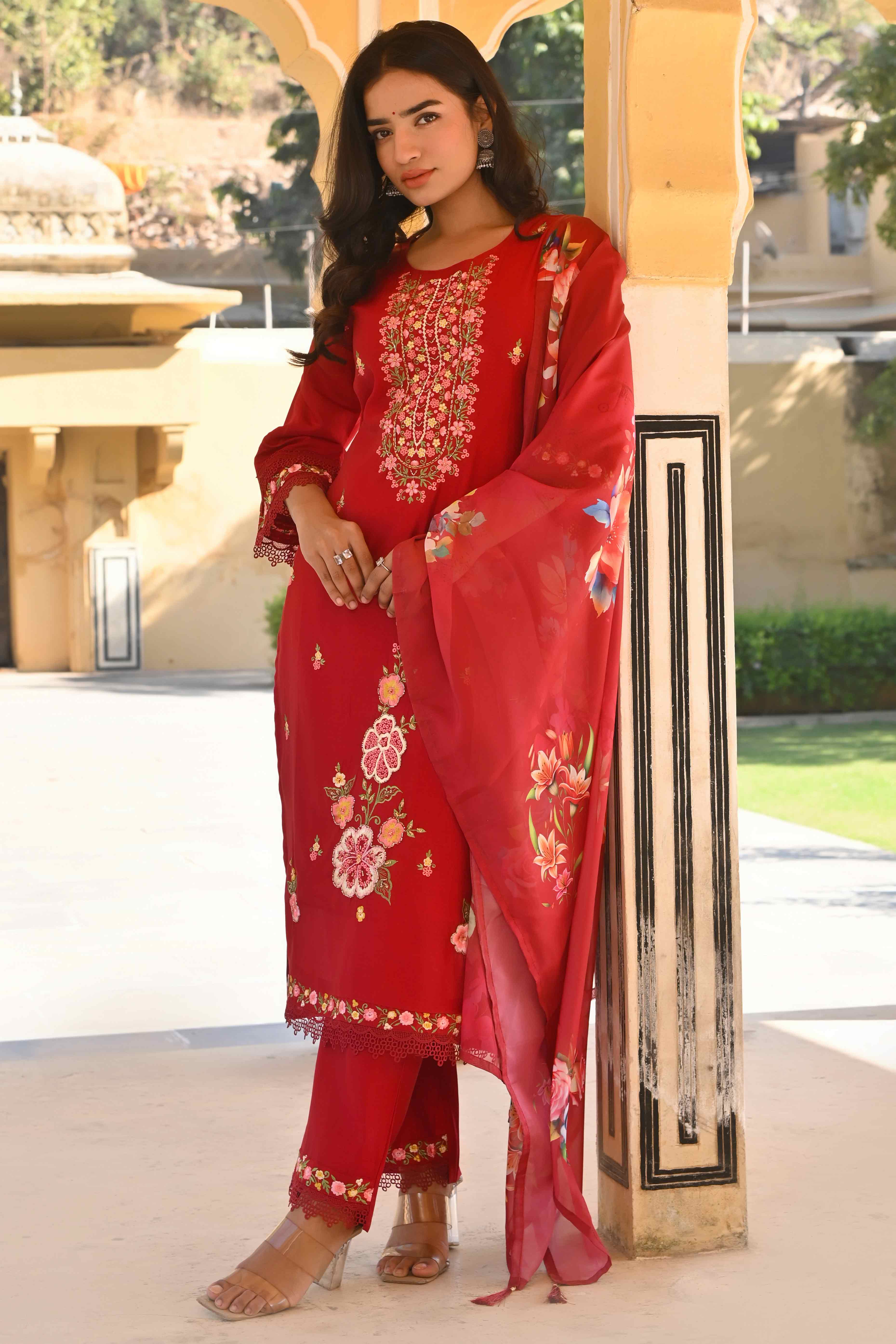 Maroon Floral Embroidered Chanderi Silk Salwar Suit