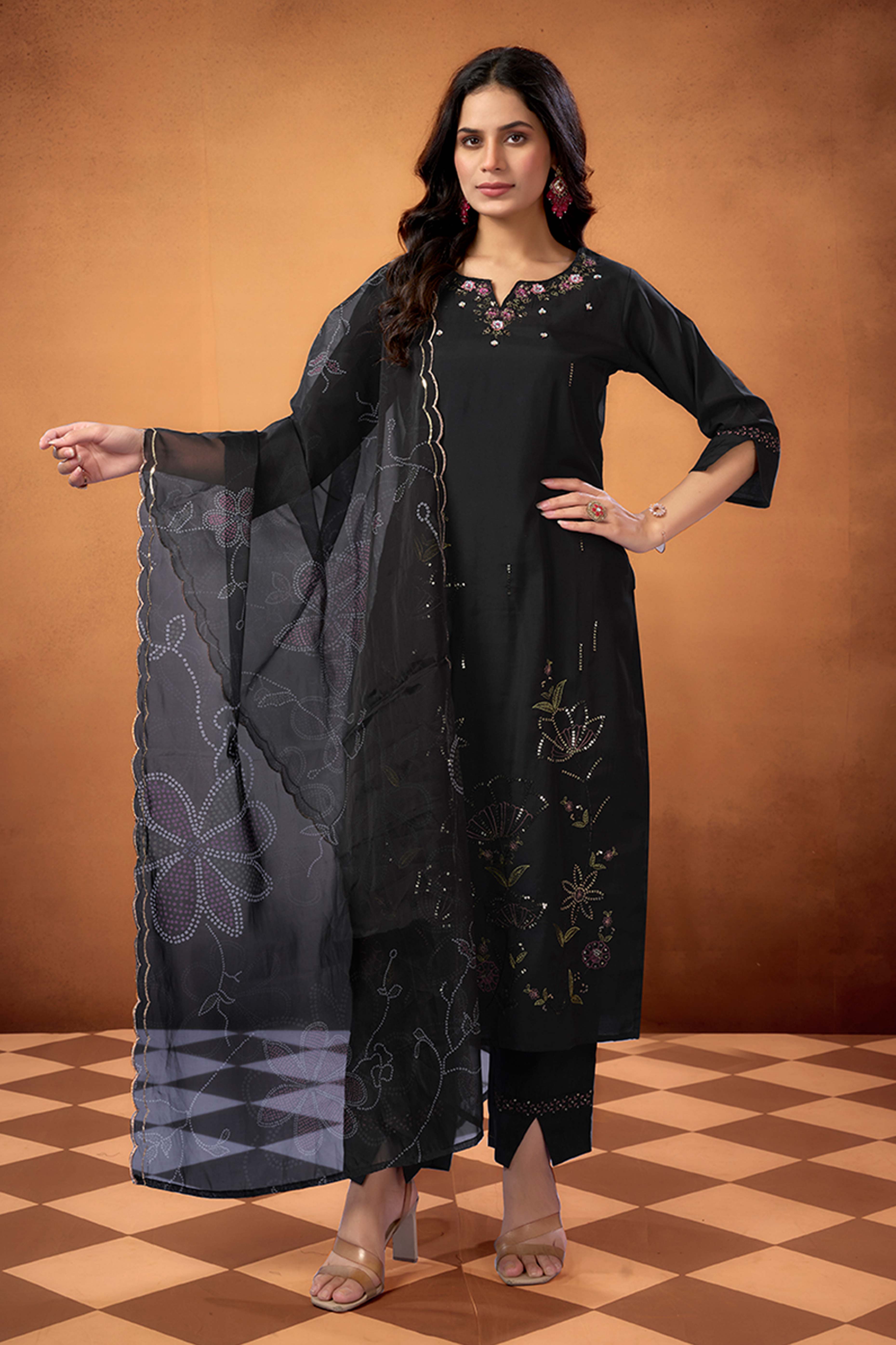 Black Sequins Embroidered Chanderi Silk Straight Salwar Suit