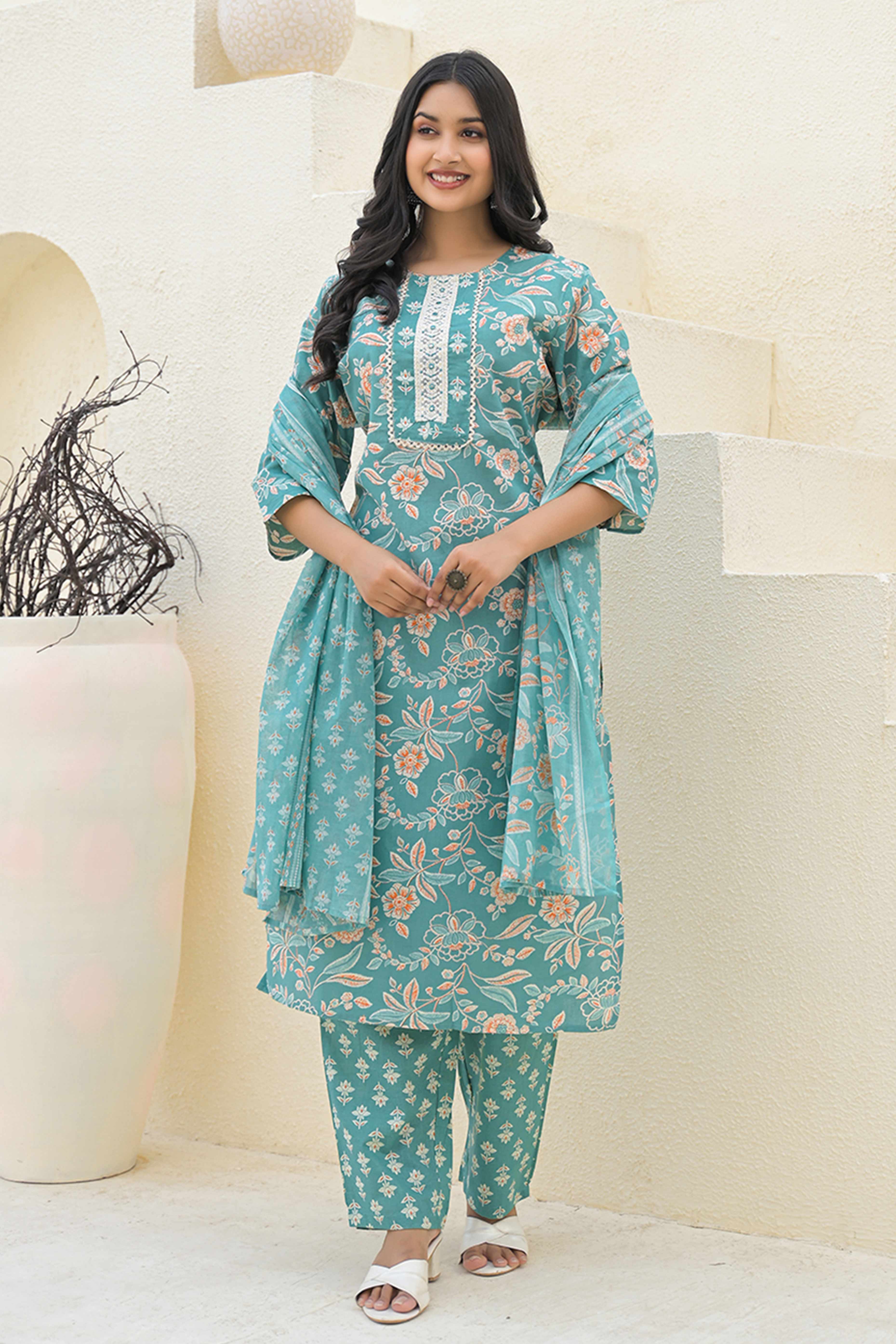 Sea Green Floral Printed With Embroidery Work Cotton Blend Straight Salwar Suit