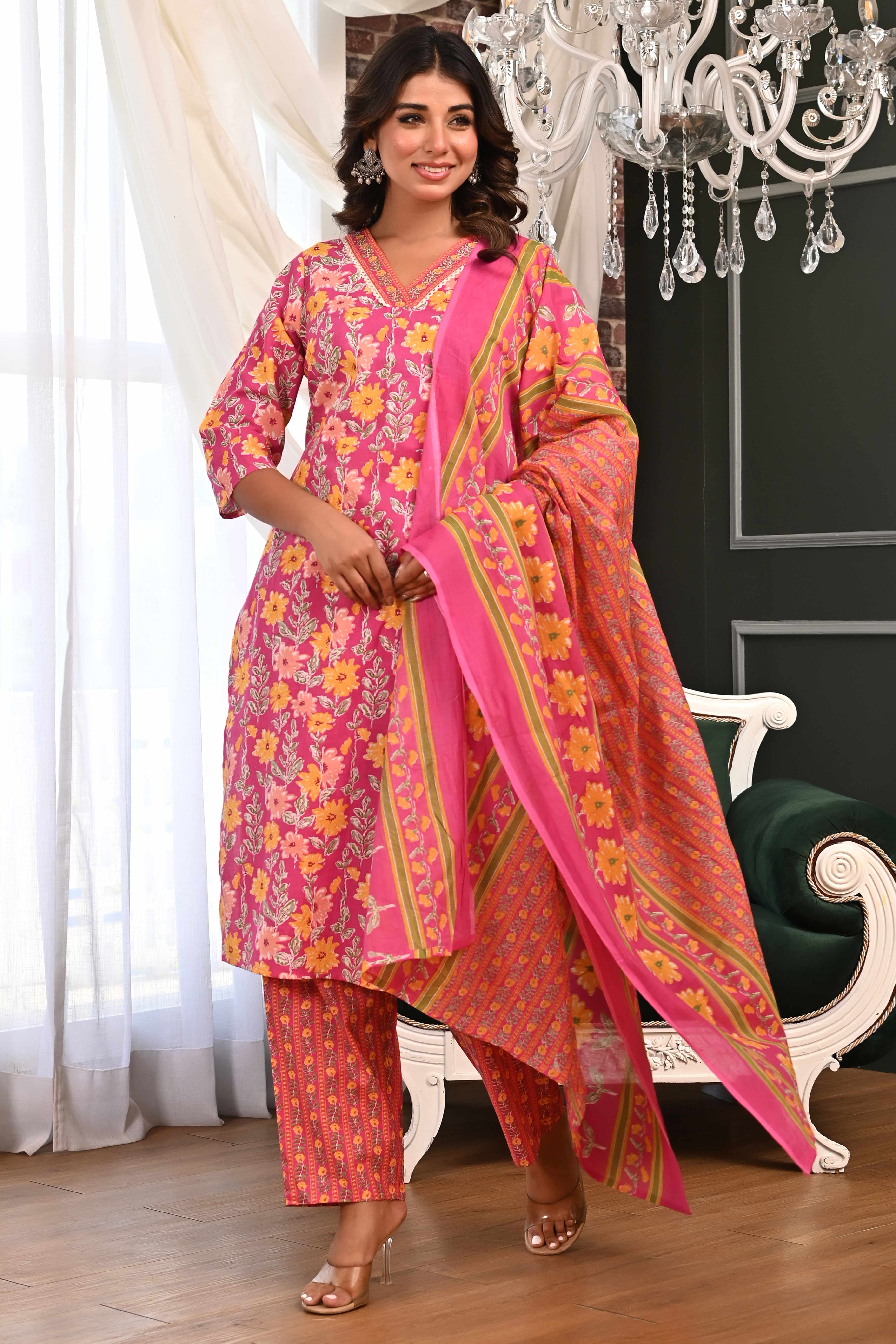 Pink Floral Printed Pure Cotton Straight Cut Suit Accentuated With Graceful Embroidery