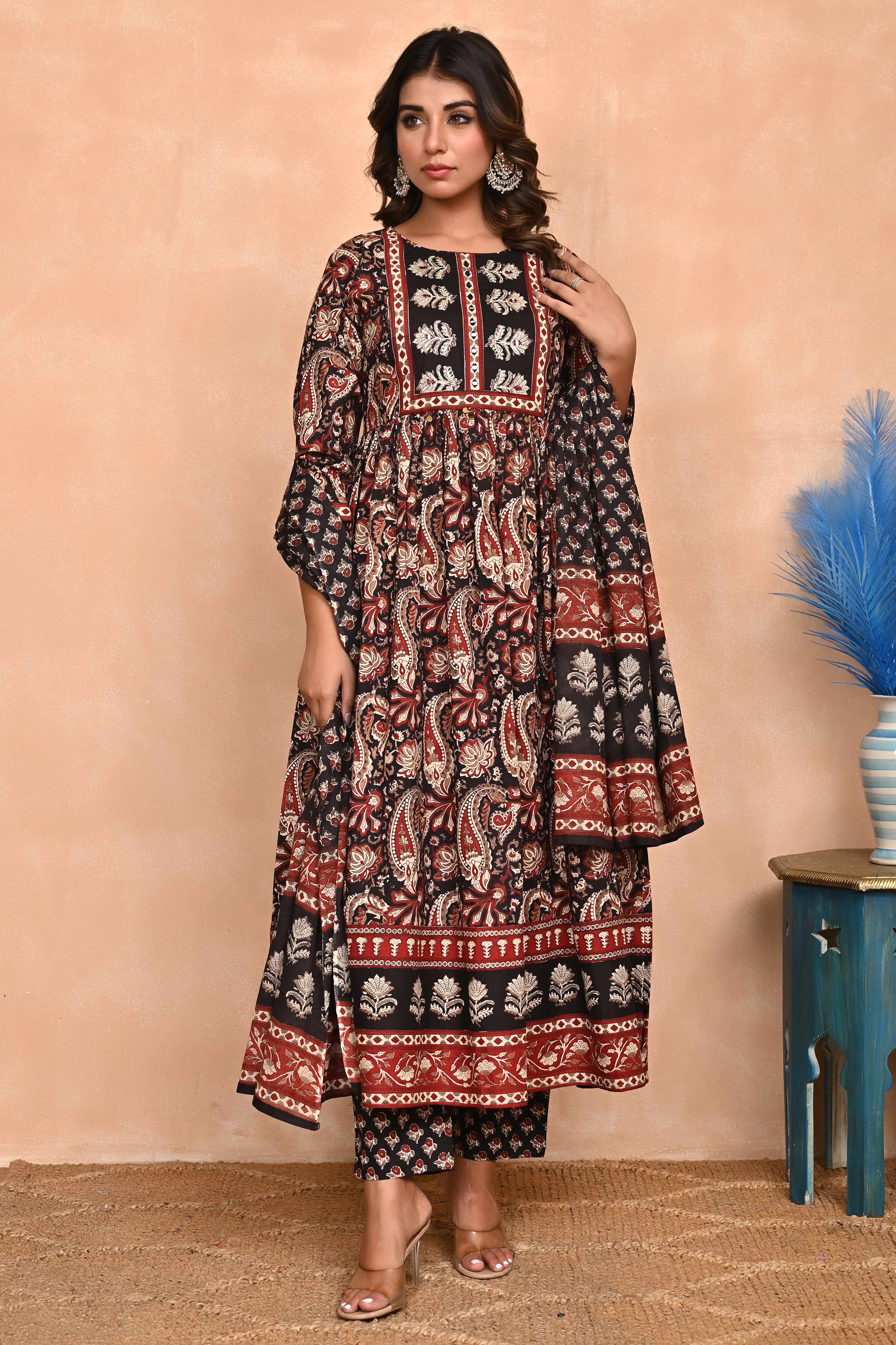 Regal Black Paisley Anarkali Suit in Breathable Cotton Fabric for Effortless Style