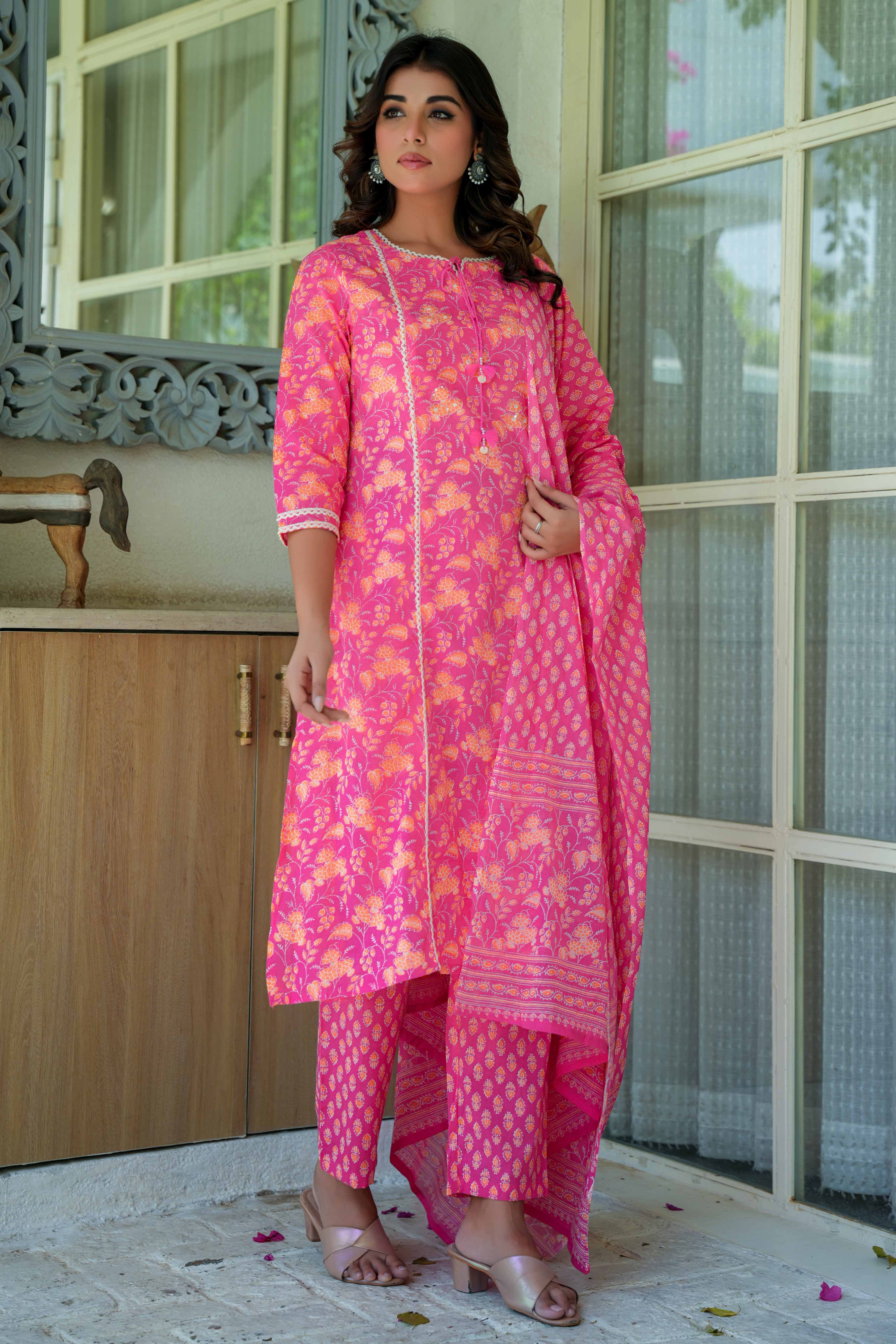 Pure Cotton Pink Floral Printed Straight Salwar Suit for the Perfect Blend of Comfort and Style