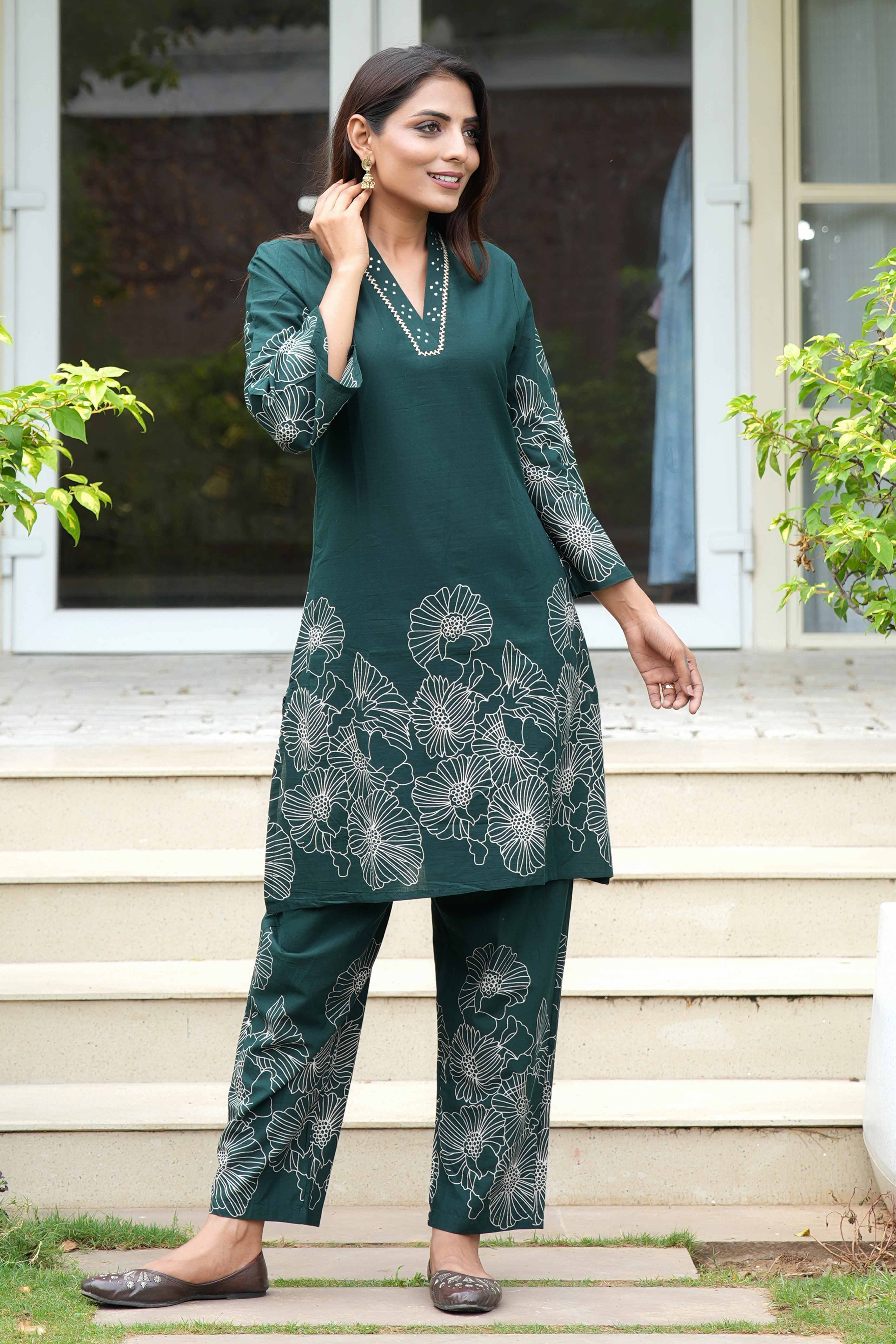 Stylish A-Line Cotton Co-Ord Set in Bottle Green with Floral Prints