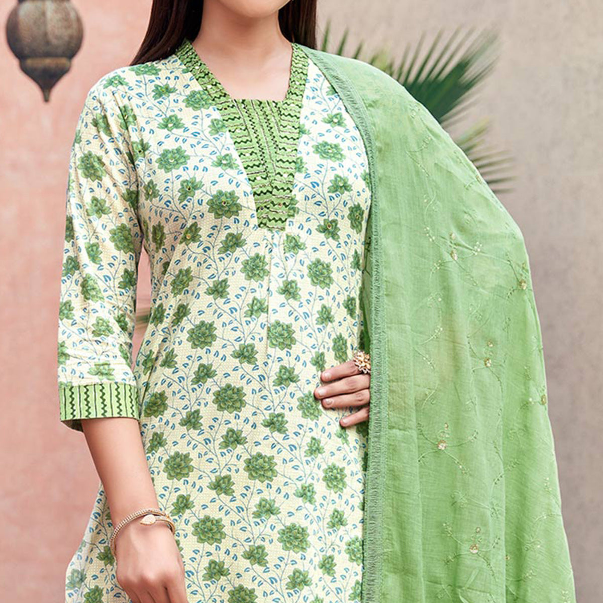 White & Green Floral Printed Pure Cotton Suit