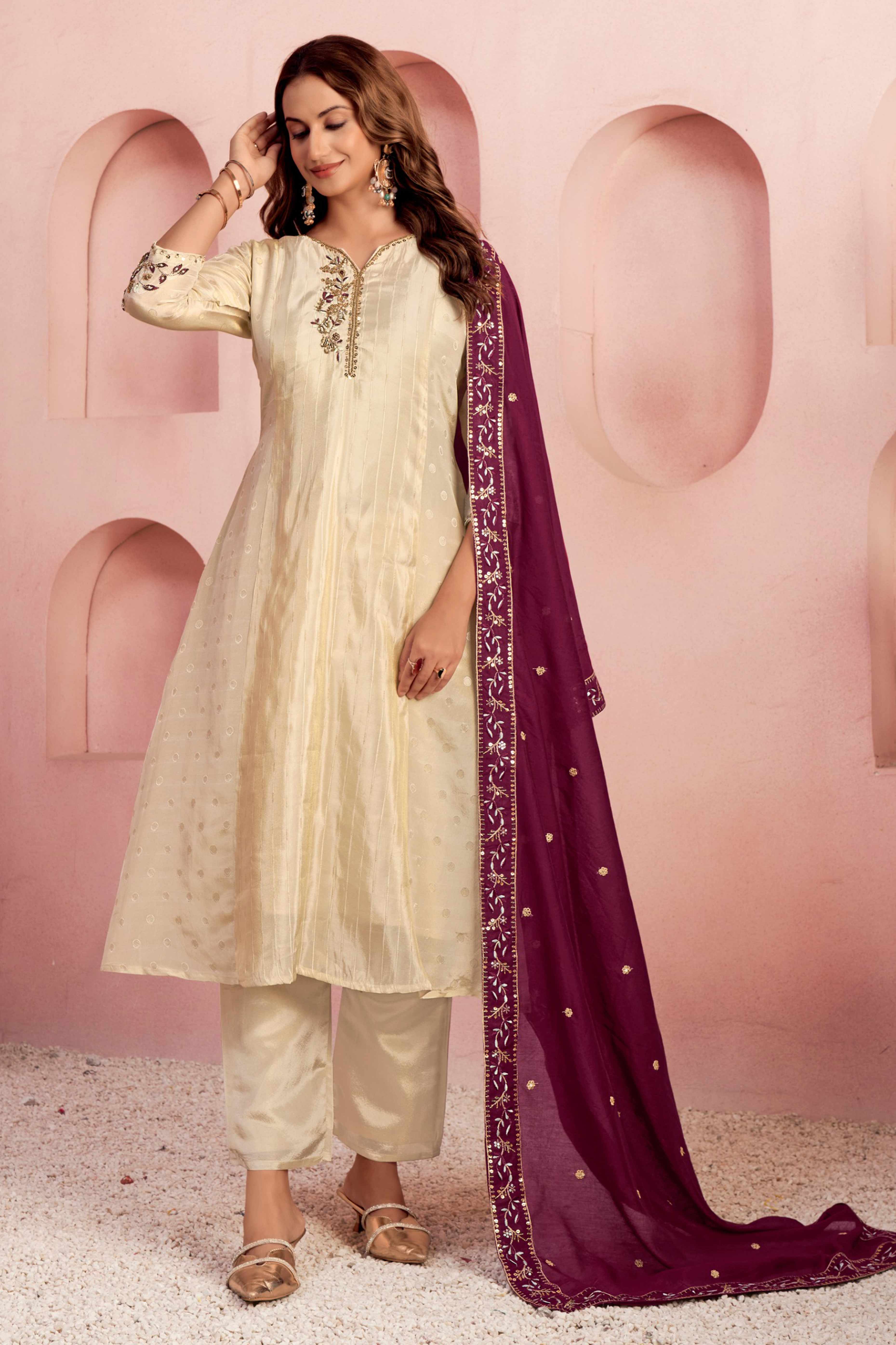 Embroidered Off White Salwar Suit in Pure Viscose with Shimmering Beads Highlights