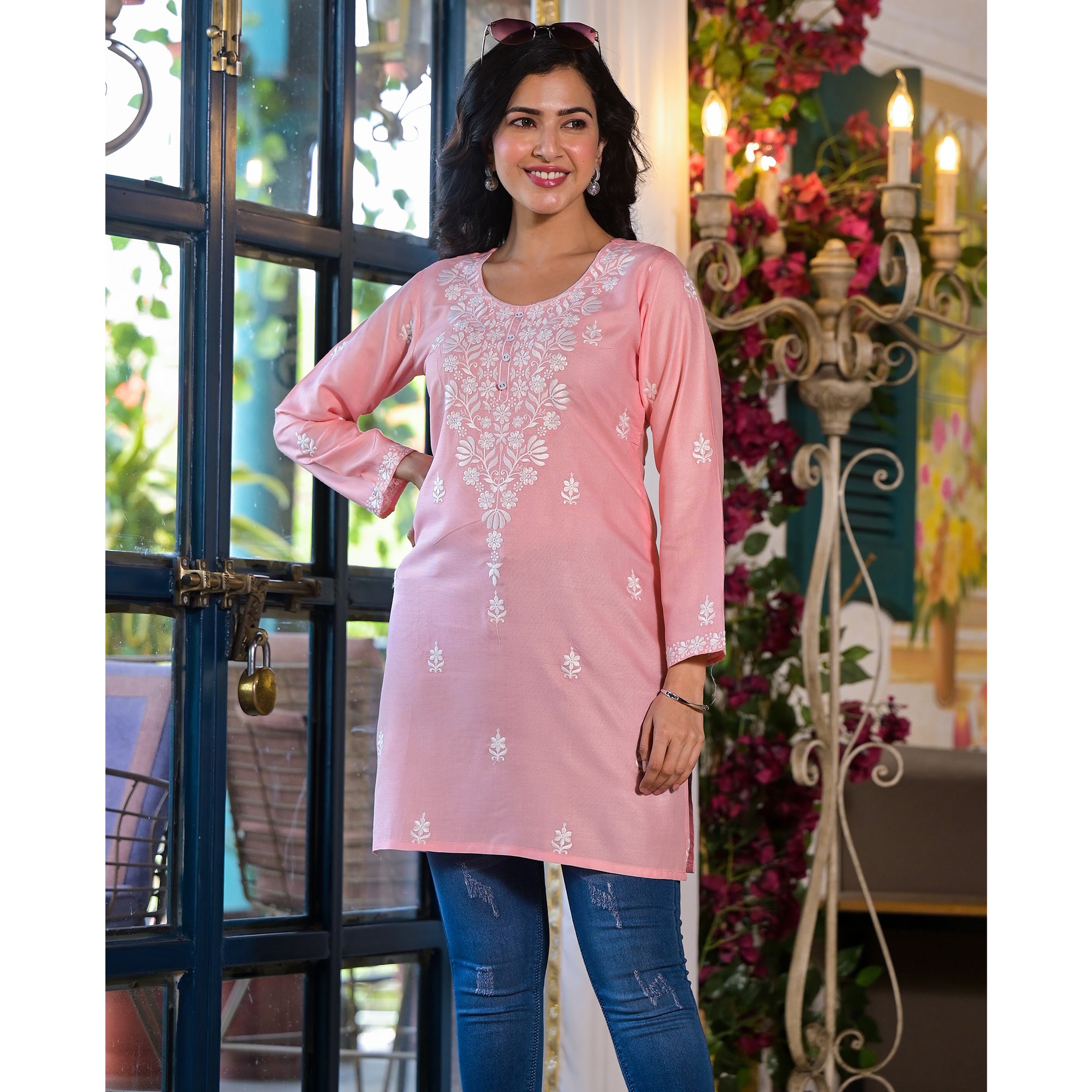 Peach Embroidered Rayon Straight Top
