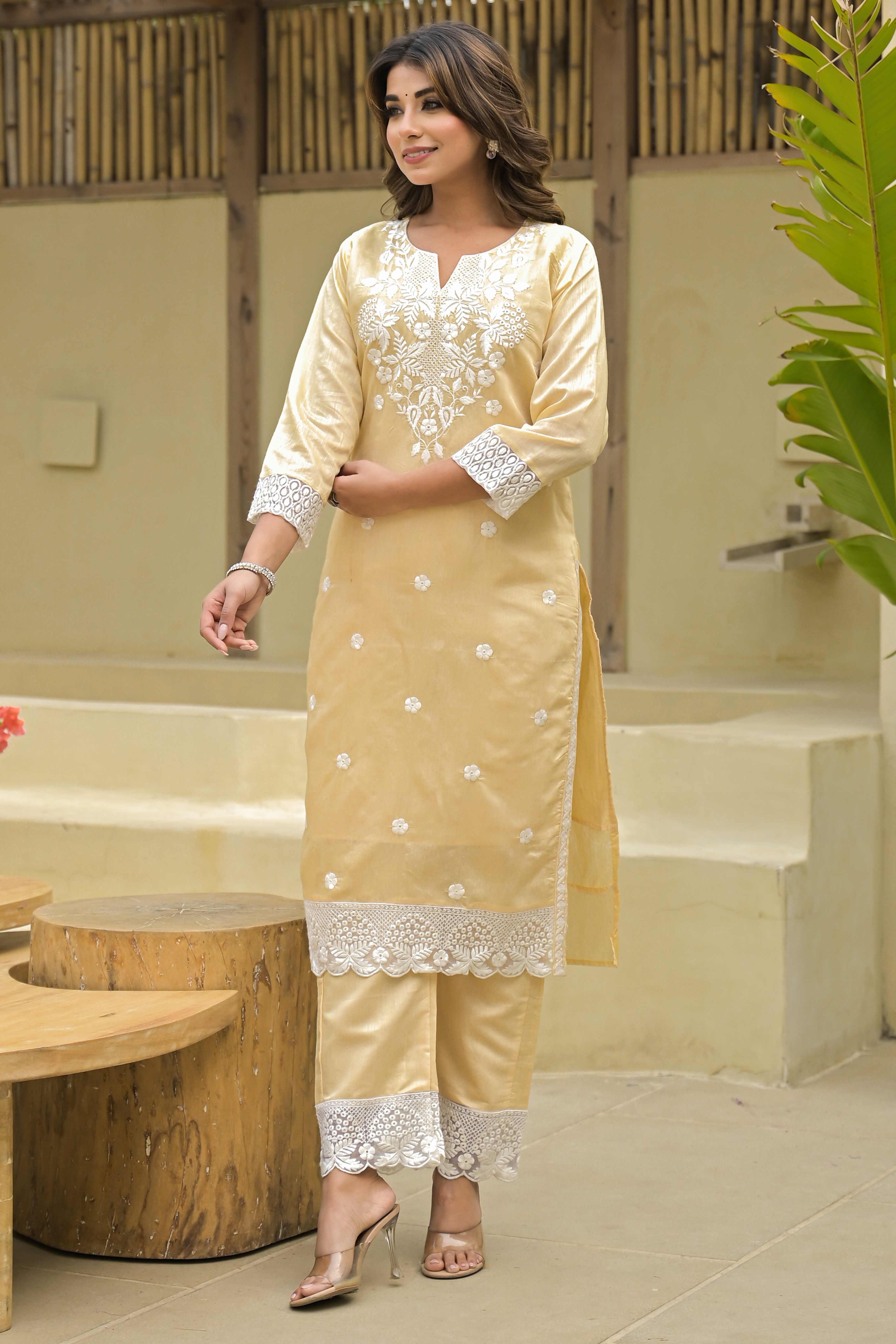 Chikoo Floral Embroidered Chanderi Kurti Pant Set