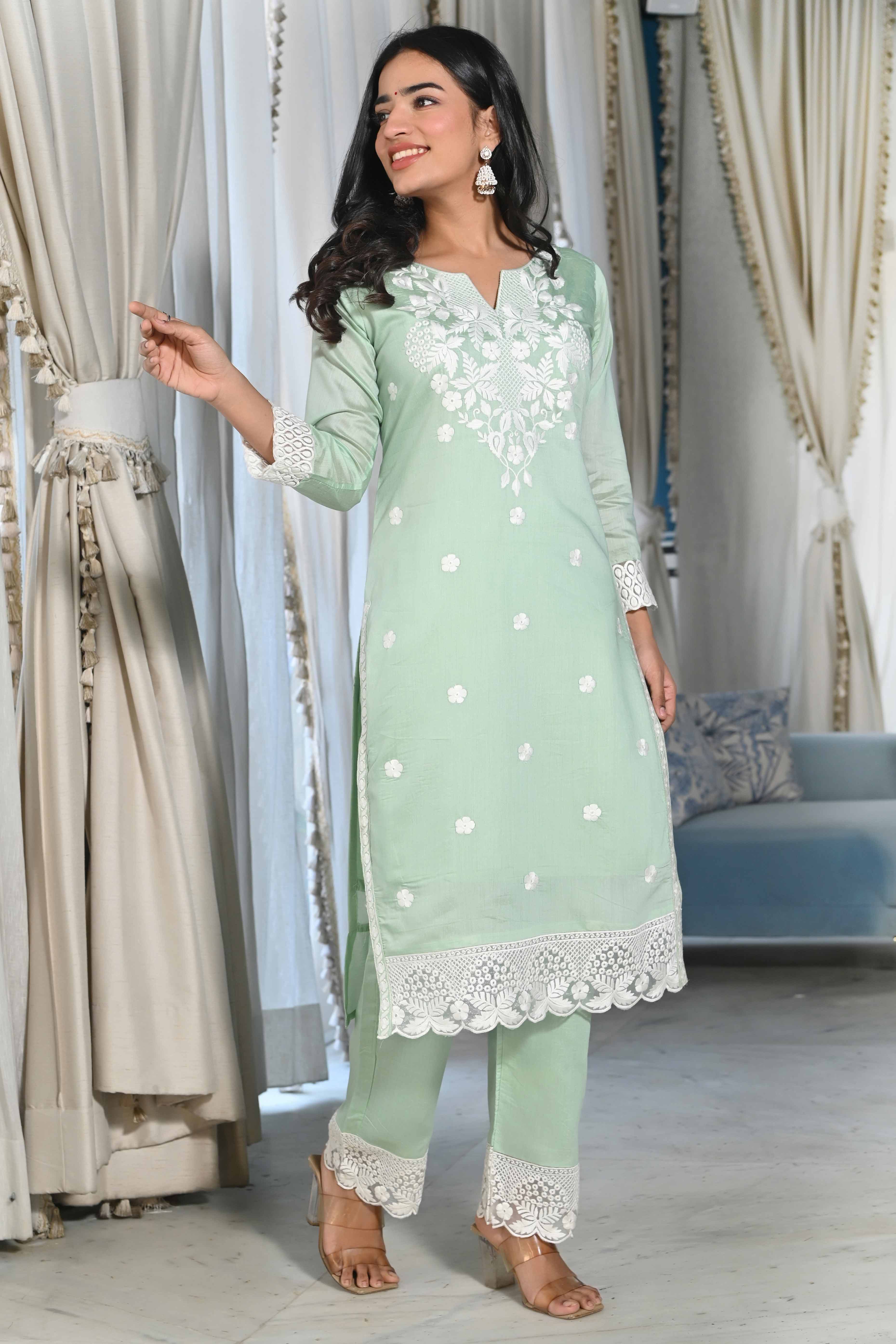 Sea Green Floral Embroidered Chanderi Kurti Pant Set