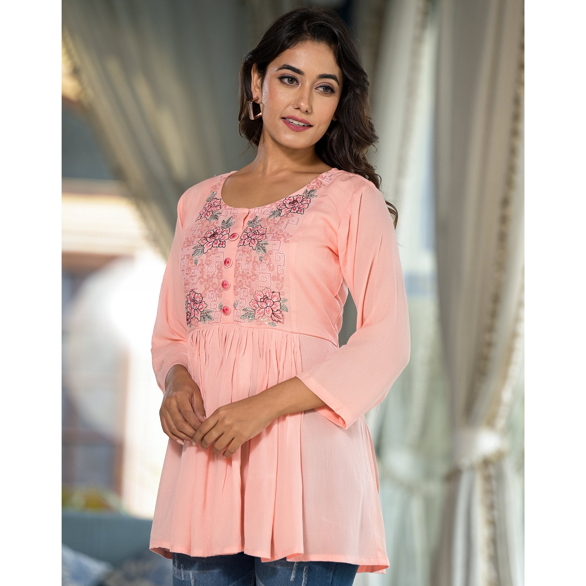 Peach Yoke Embroidered Rayon A-Line Top