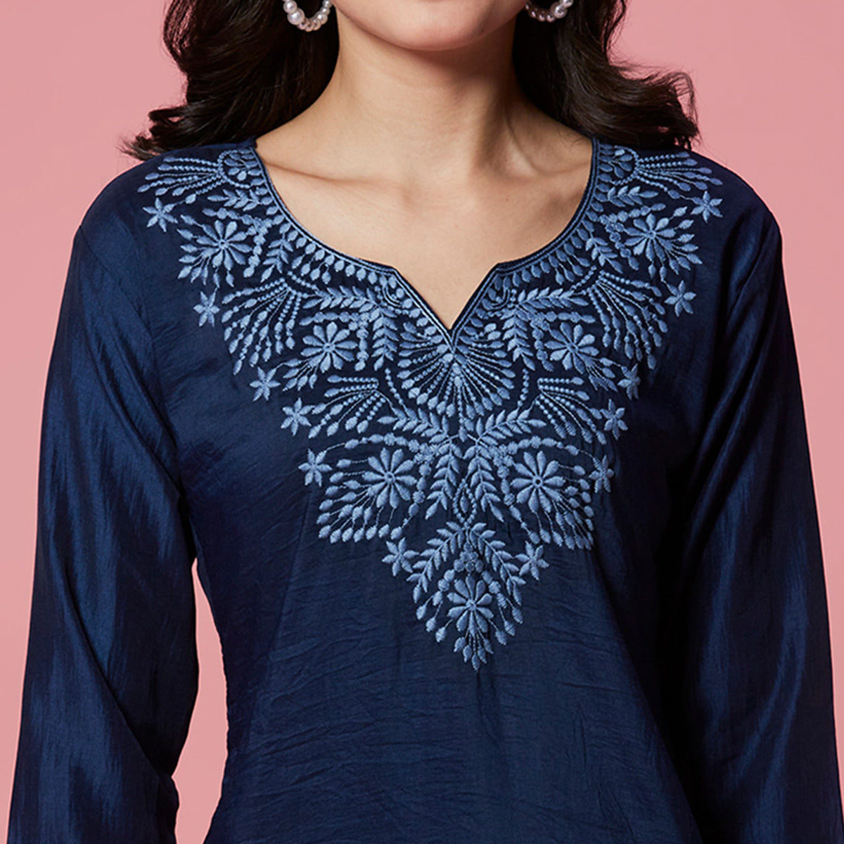 Dark Blue Embroidered Cotton Blend Top