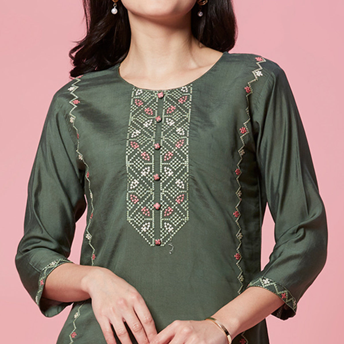 Green Embroidered Chanderi Straight Kurti