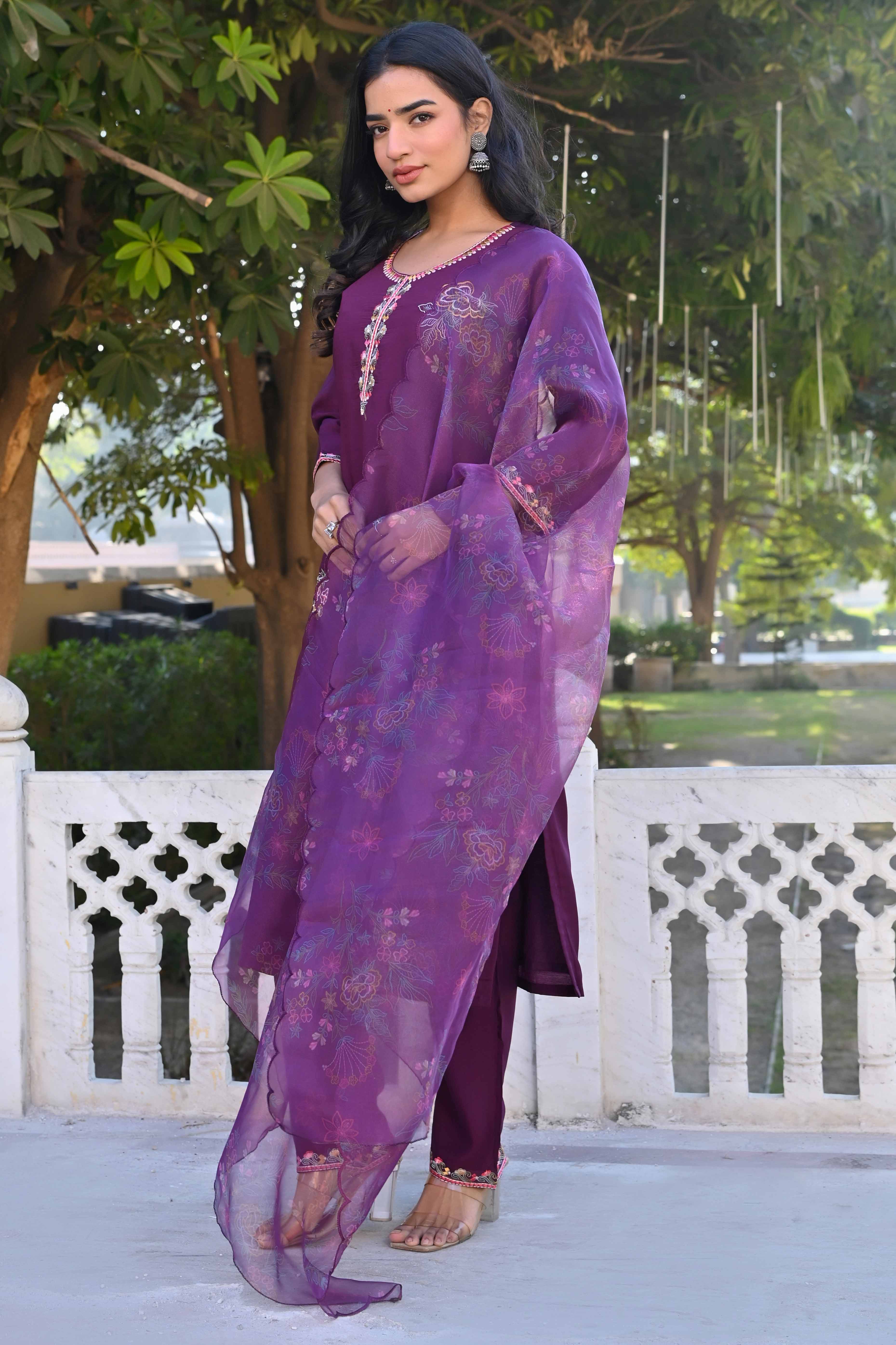 Dark Purple Floral Hand Work Viscose Straight Salwar Suit