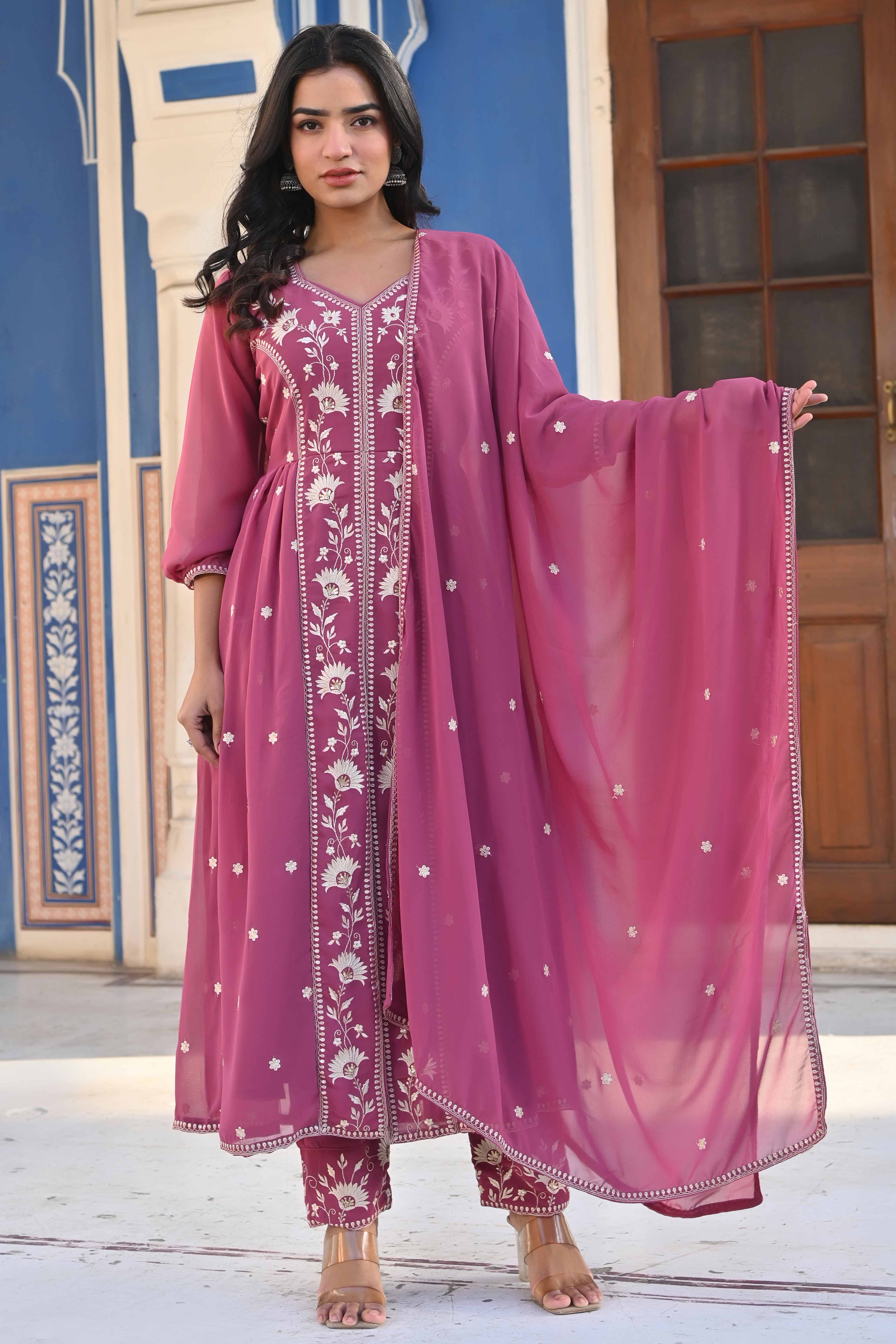 Mauve Floral Embroidered Georgette Front Slit Salwar Suit