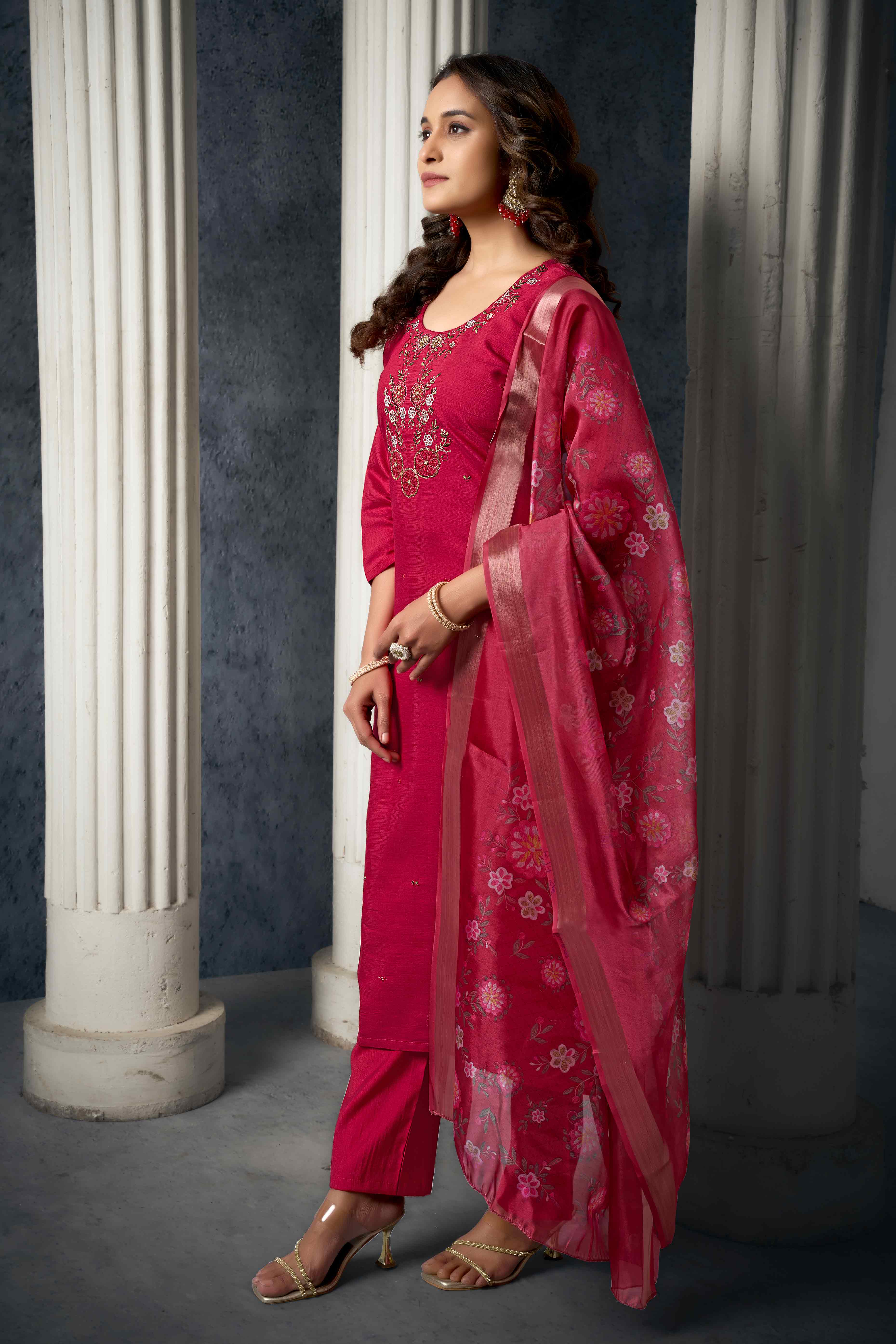 Red Hand Work Embroidered Viscose Slub Silk Straight Salwar Suit