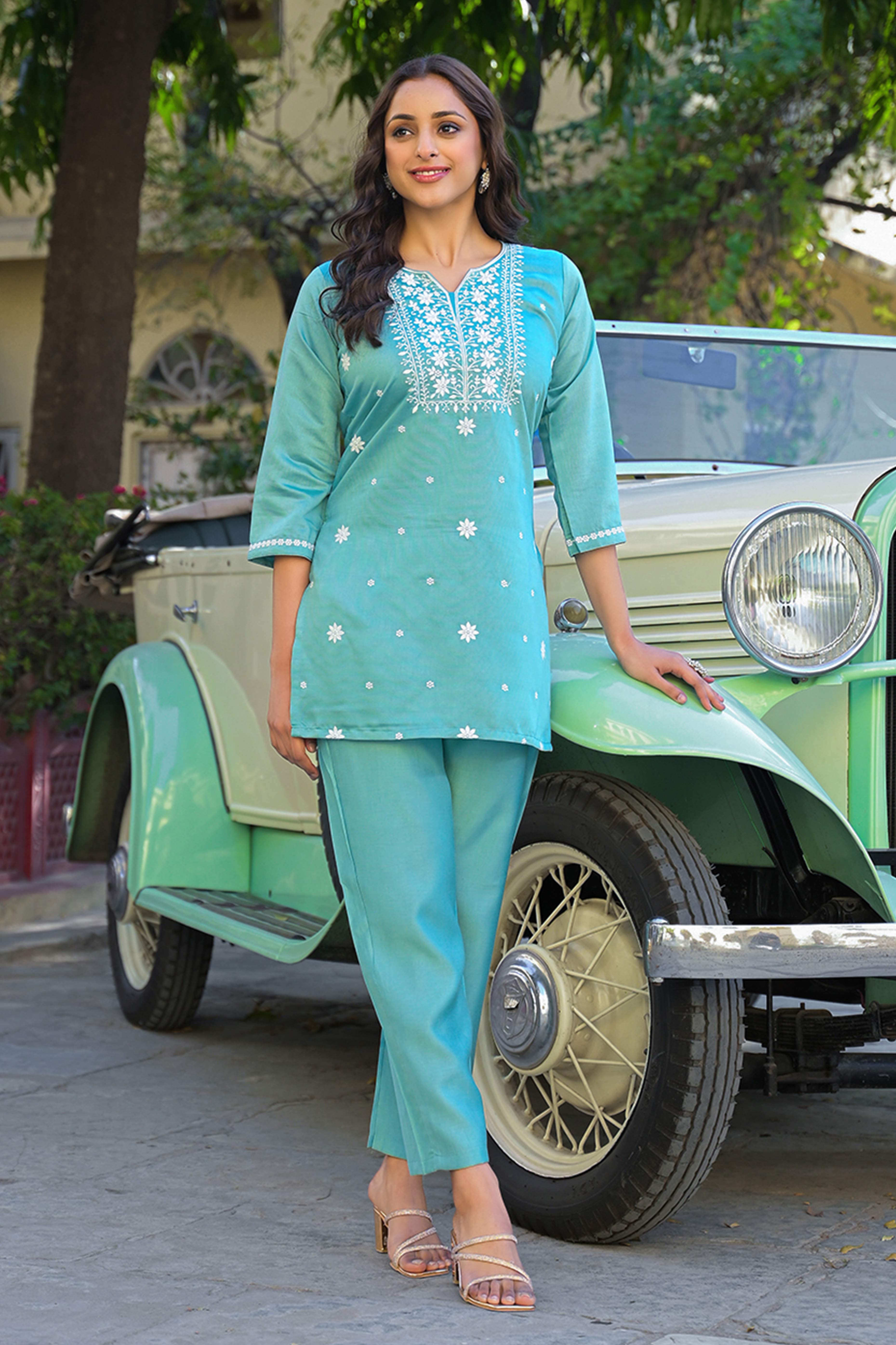 Mint Green Floral Embroidered Viscose Gadwal Silk Top Bottom Set