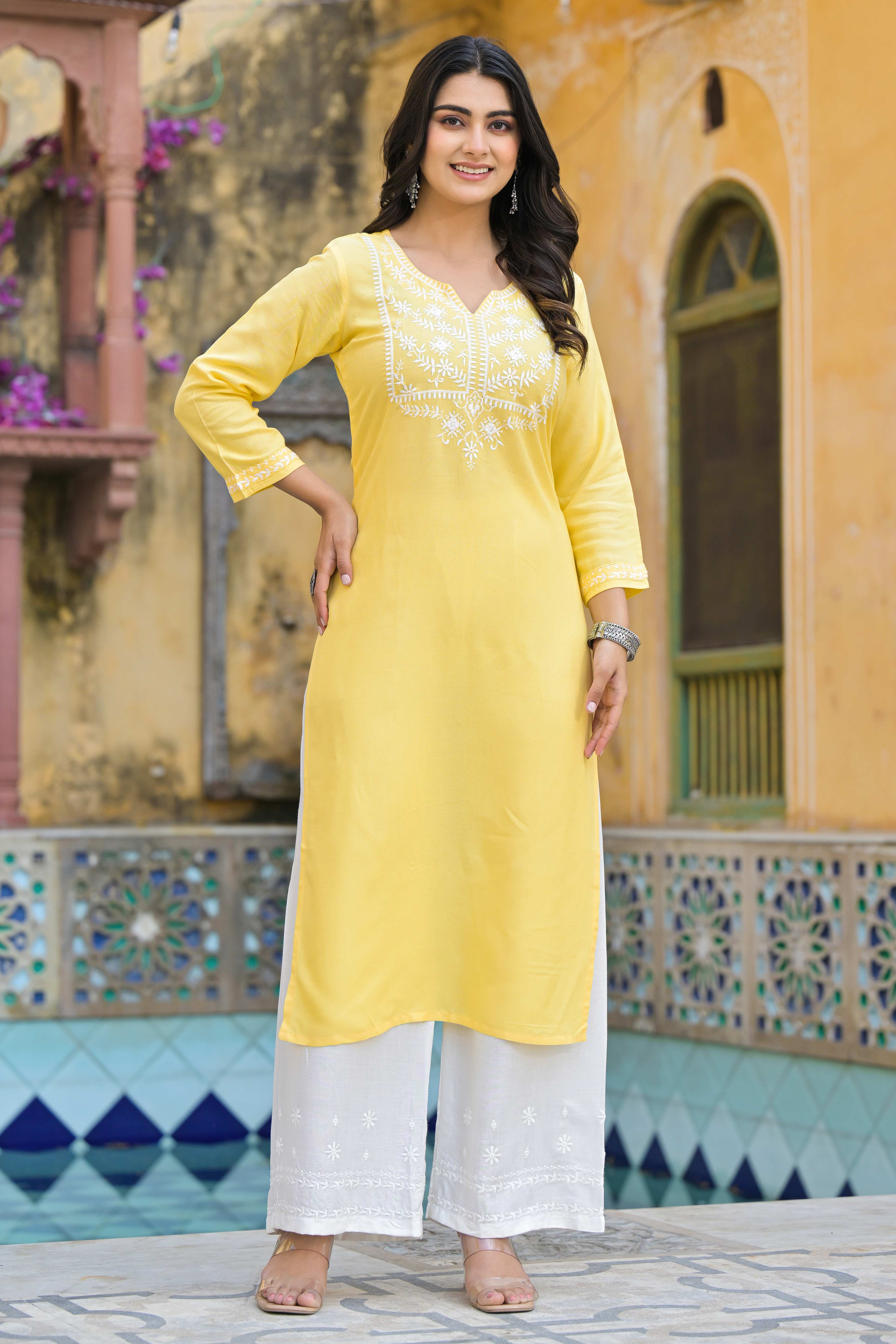 Yellow Floral Embroidered Viscose Rayon Straight Top Bottom Set