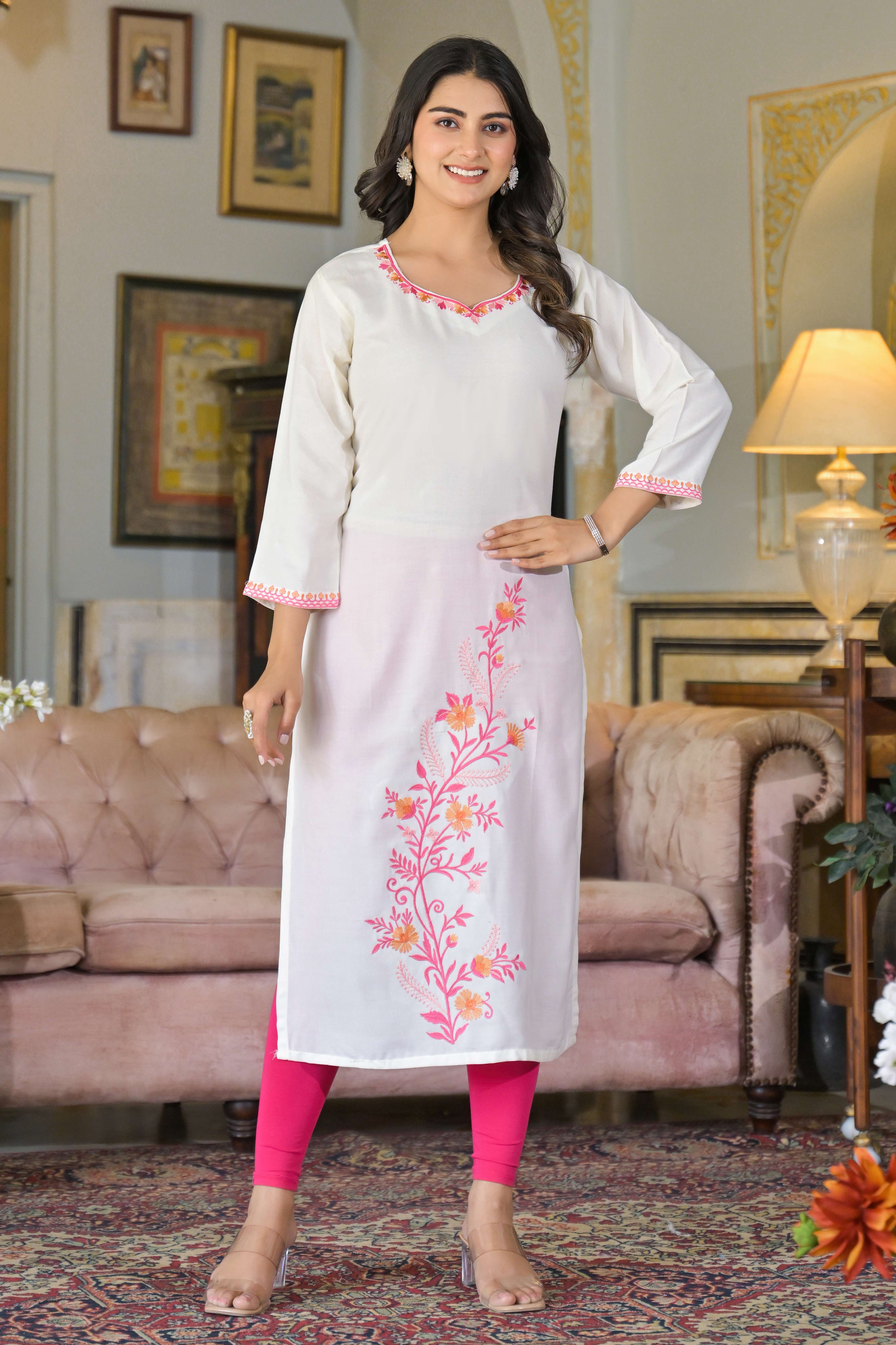 White Floral Embroidered Viscose Rayon Straight Kurti