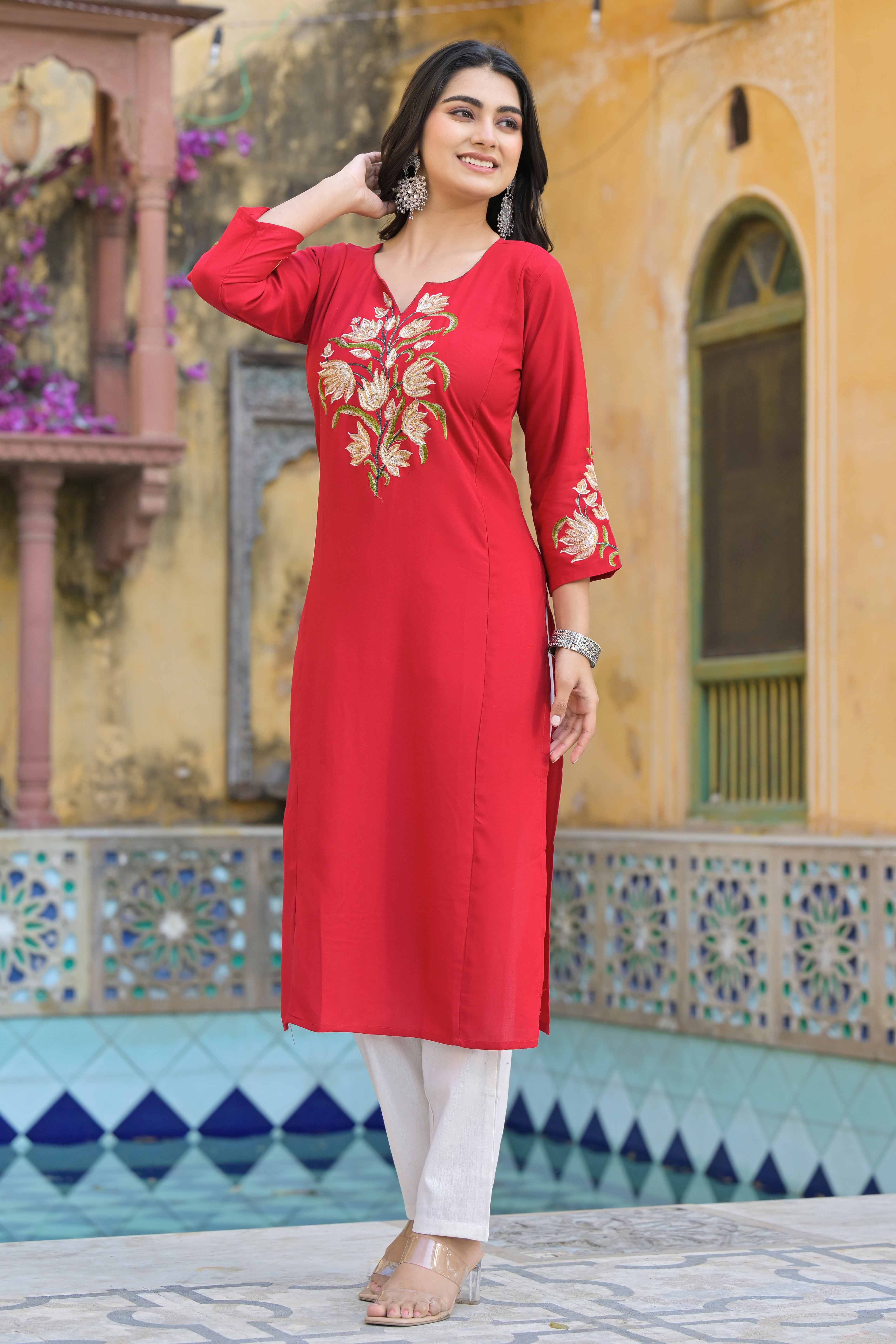 Red Floral Embroidered Viscose Rayon Straight Kurti
