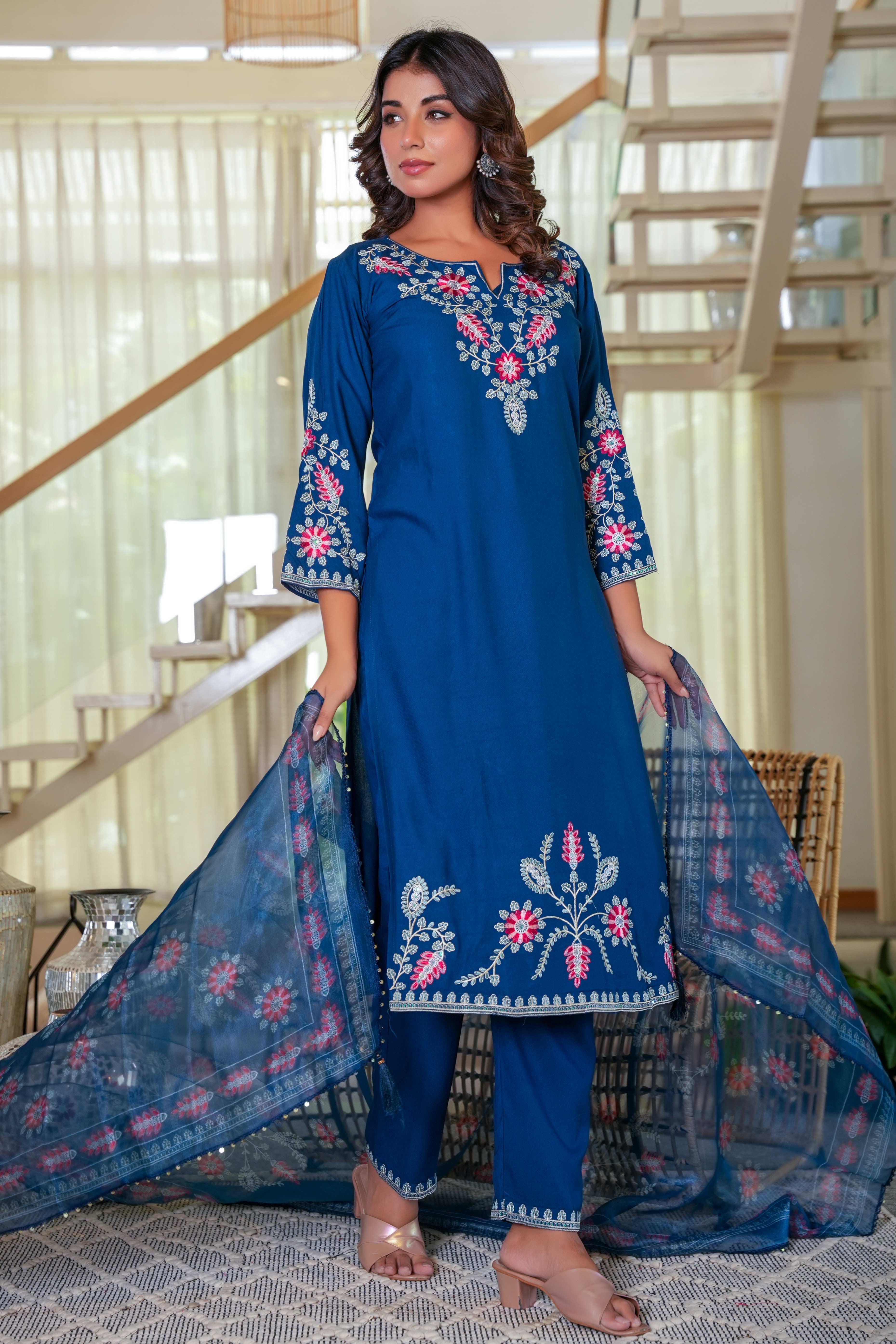Navy Blue Heavy Viscose Rayon Straight Suit with Delicate Floral Embroidery for Graceful Style
