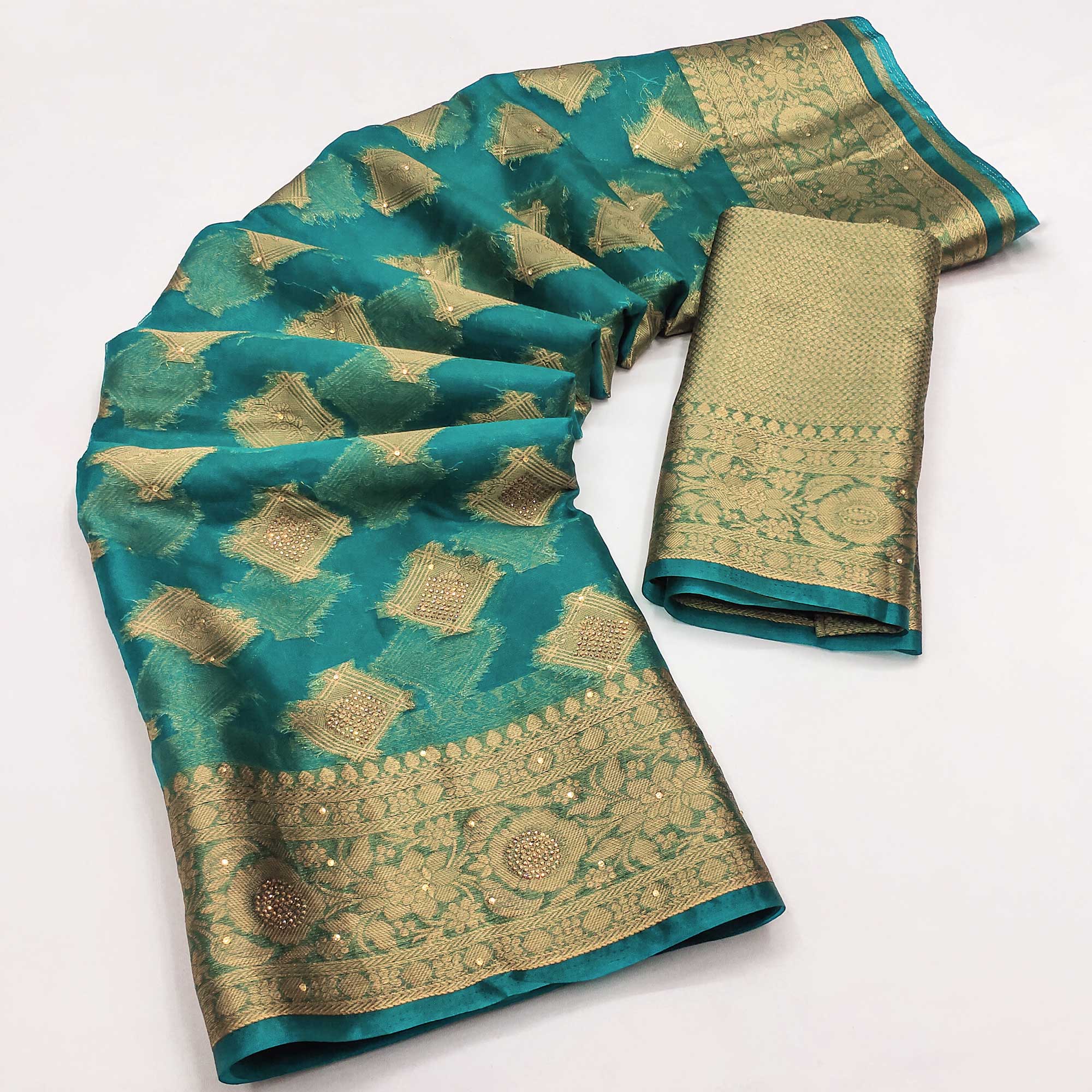 Rama Green Woven With Stonework Organza Jacquard Saree
