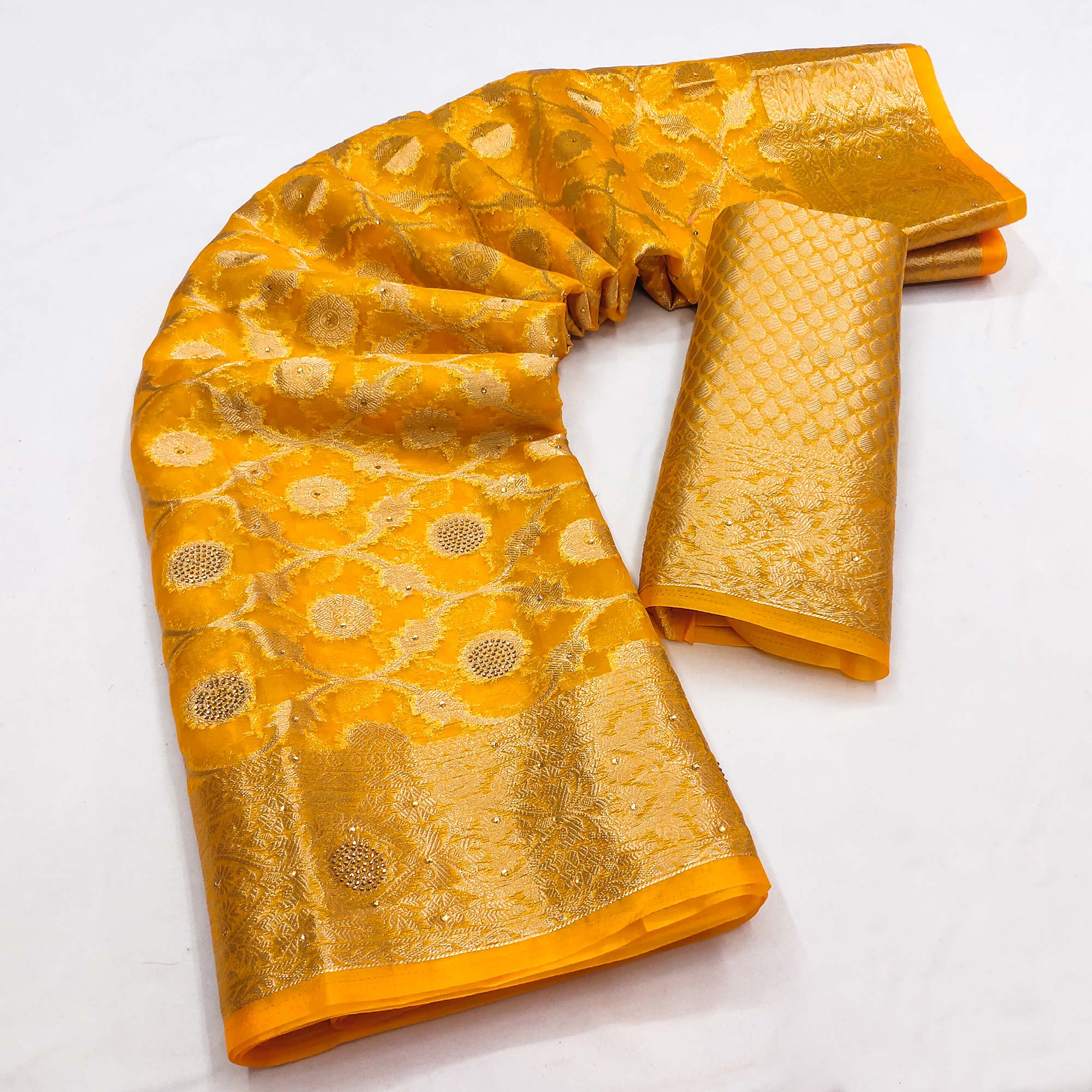 Yellow Stone Work Woven Organza Jacquard Saree