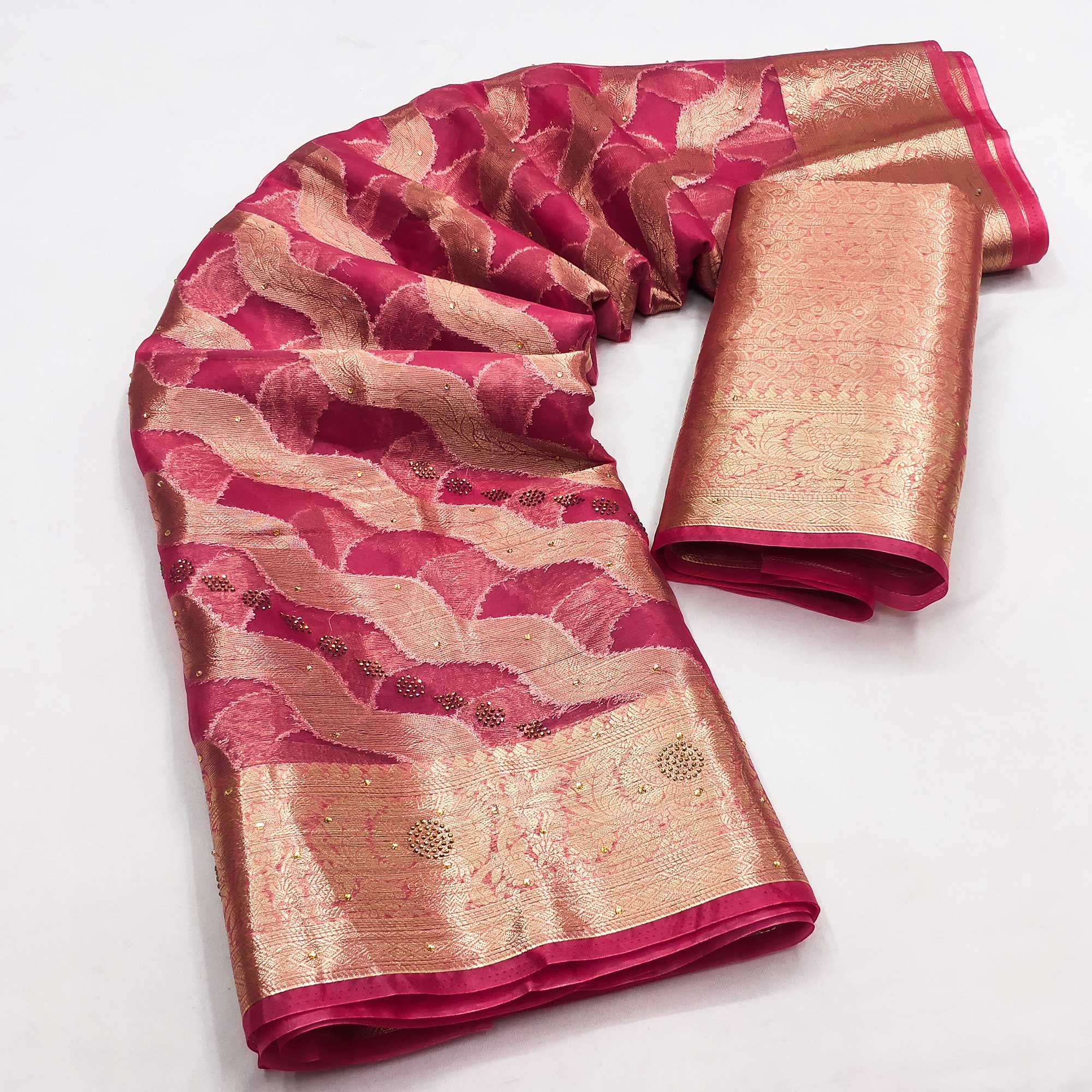 Pink Stone Work Woven Organza Jacquard Saree