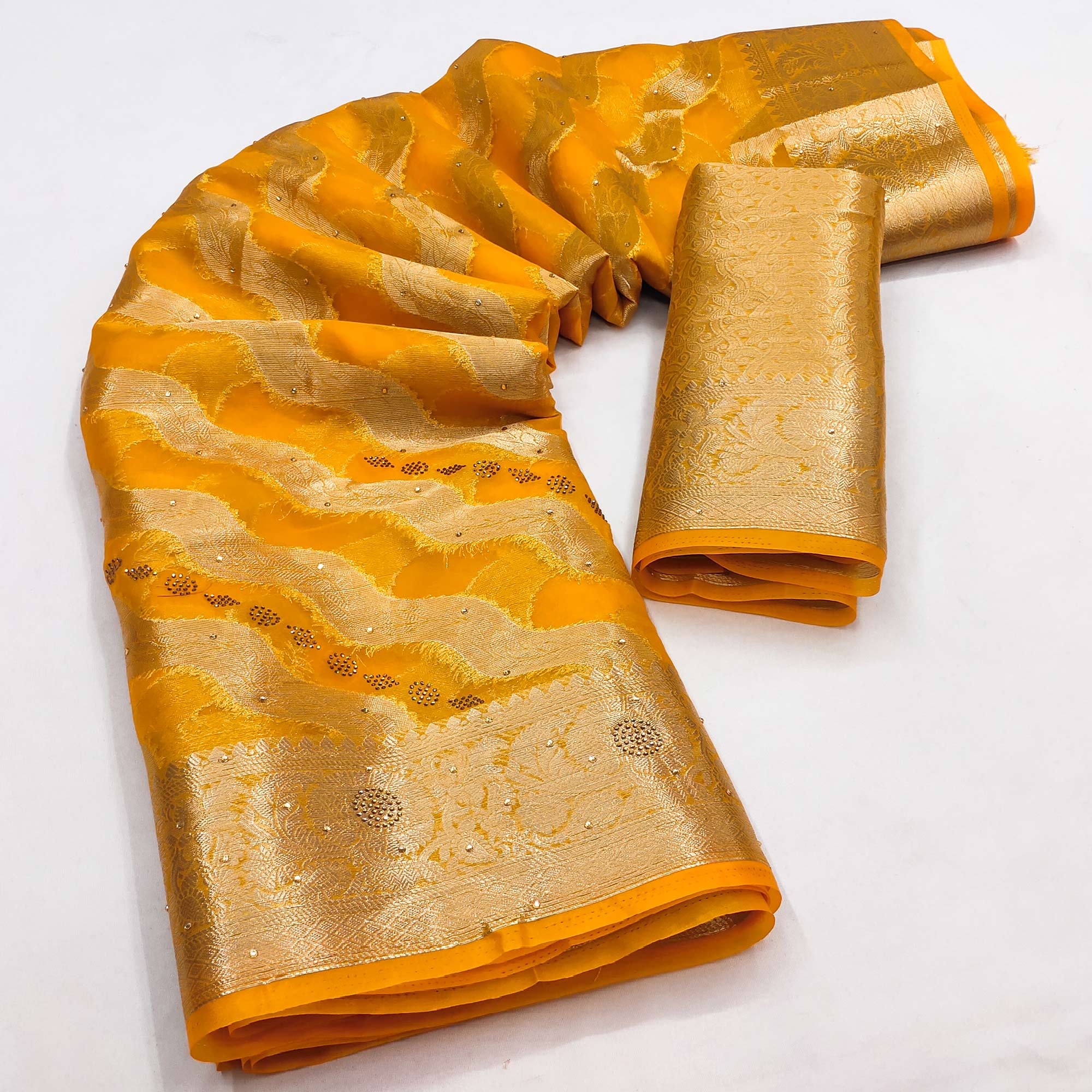 Yellow Stone Work Woven Organza Jacquard Saree