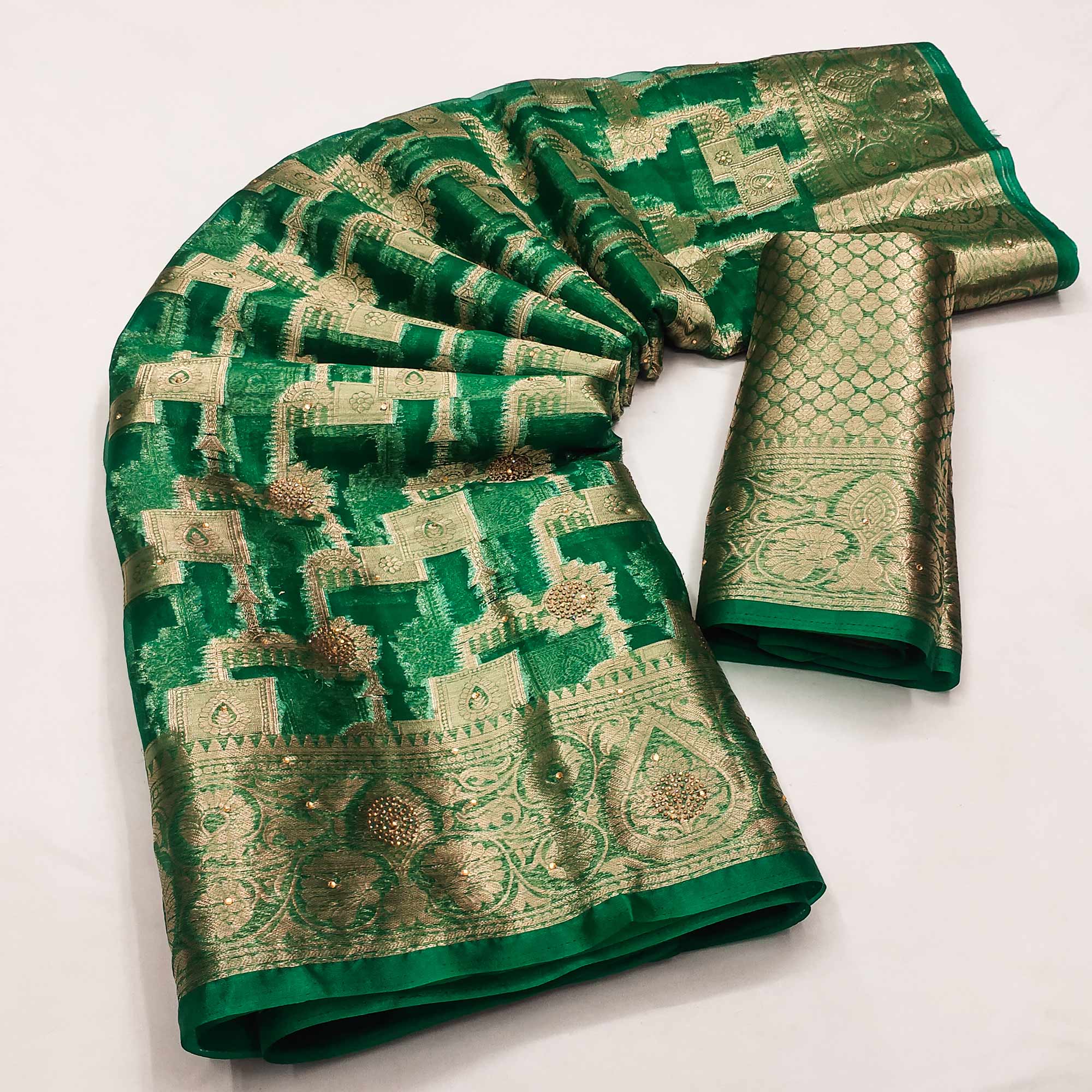 Green Stone Work Woven Organza Jacquard Saree