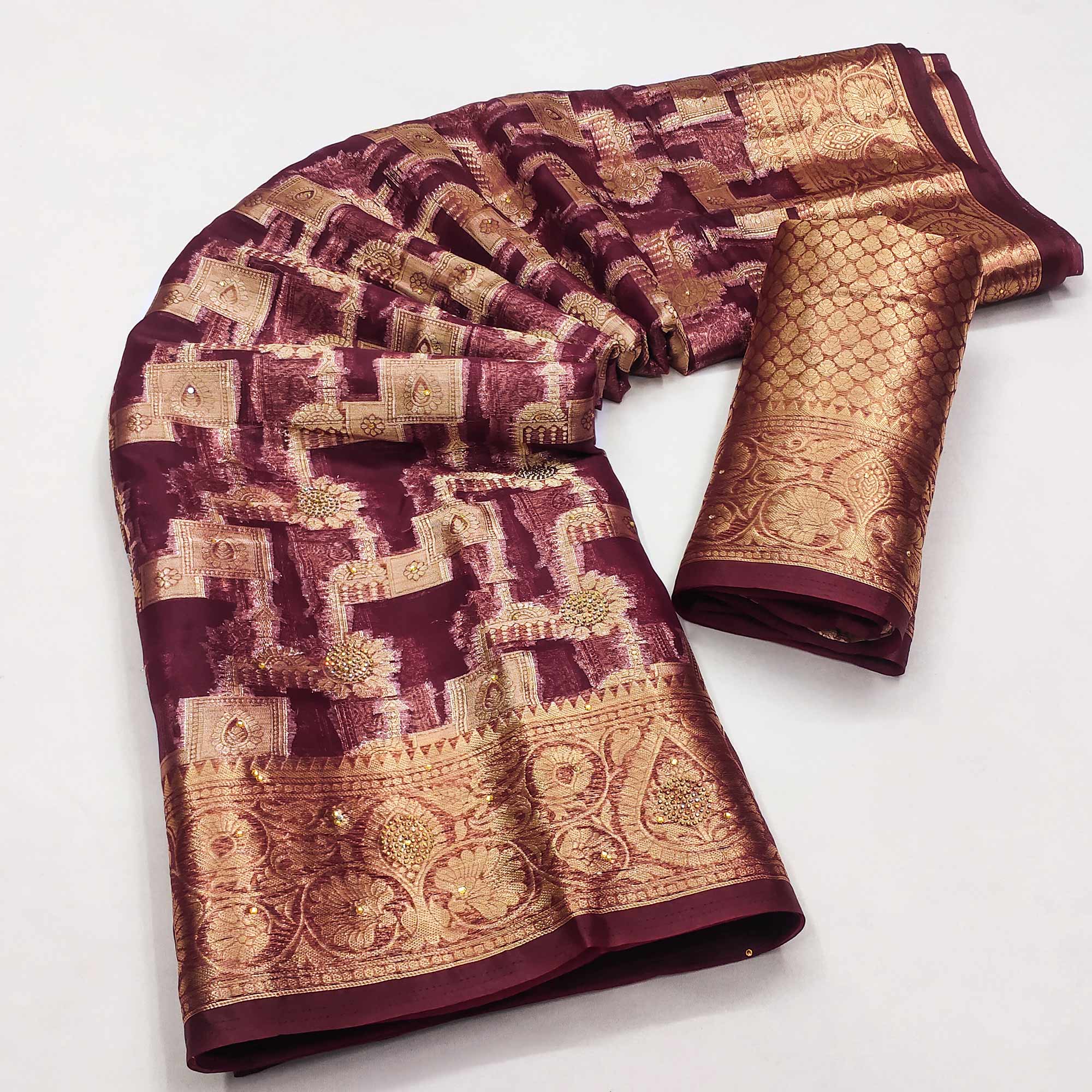 Wine Stone Work Woven Organza Jacquard Saree