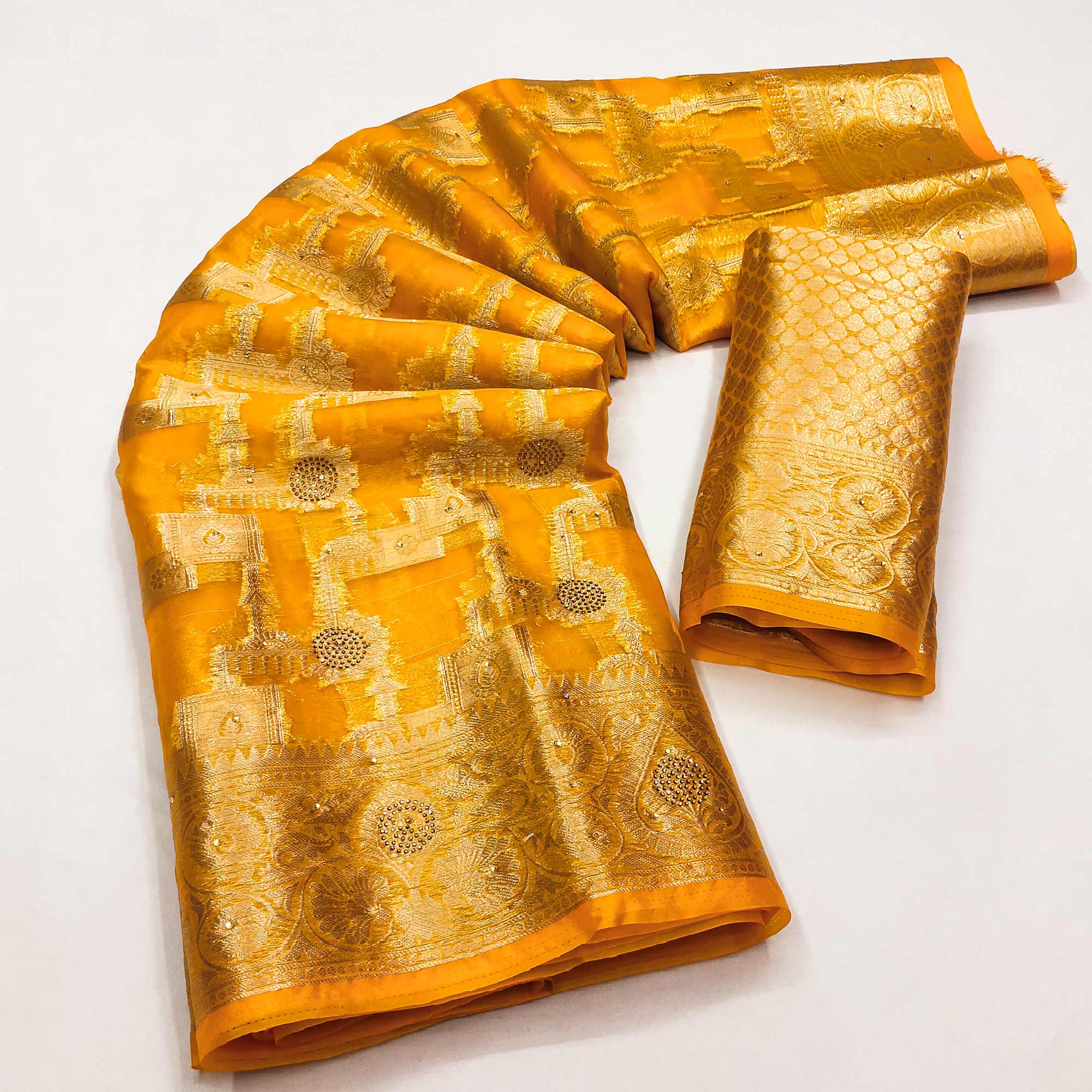 Mustard Stone Work Woven Organza Jacquard Saree