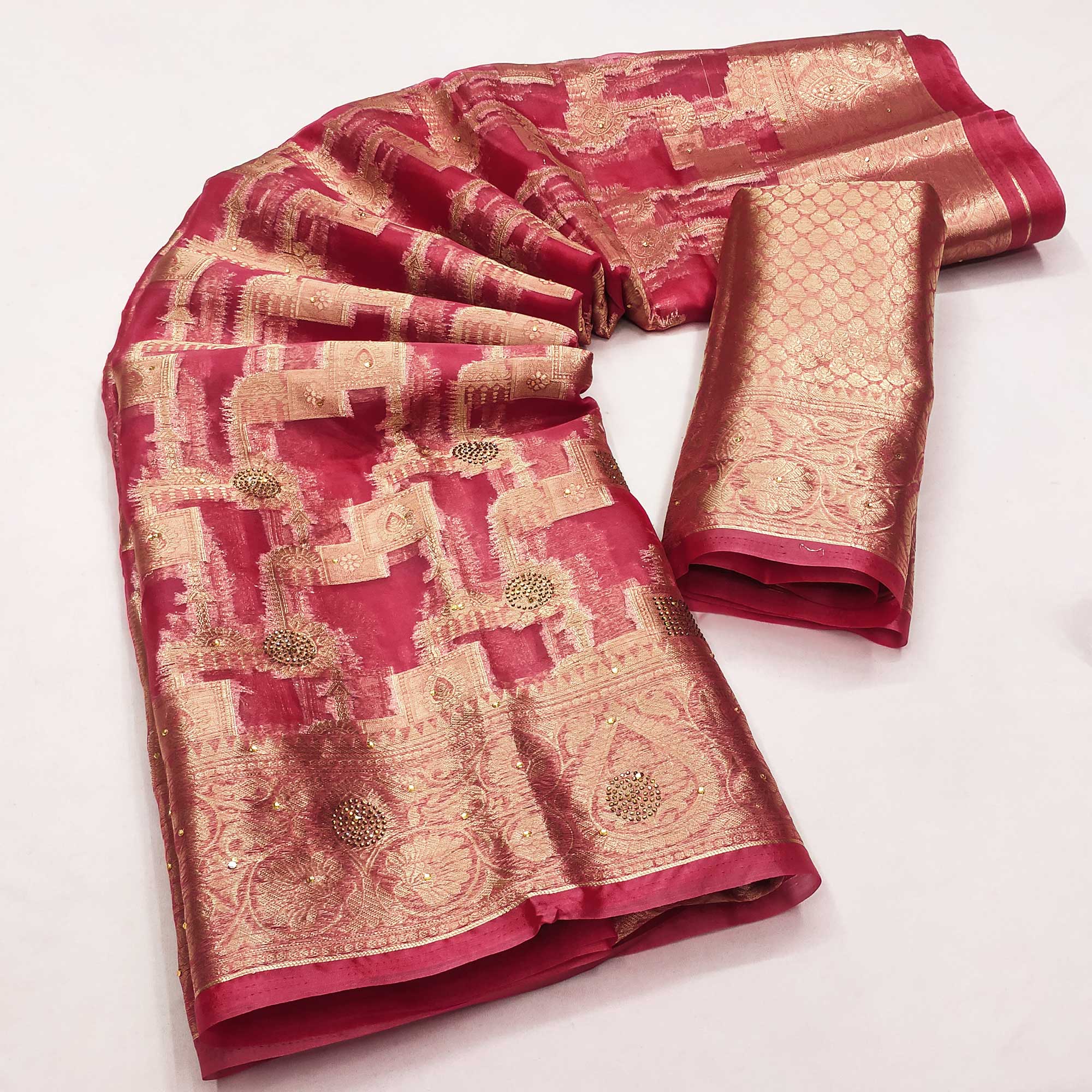 Pink Stone Work Woven Organza Jacquard Saree