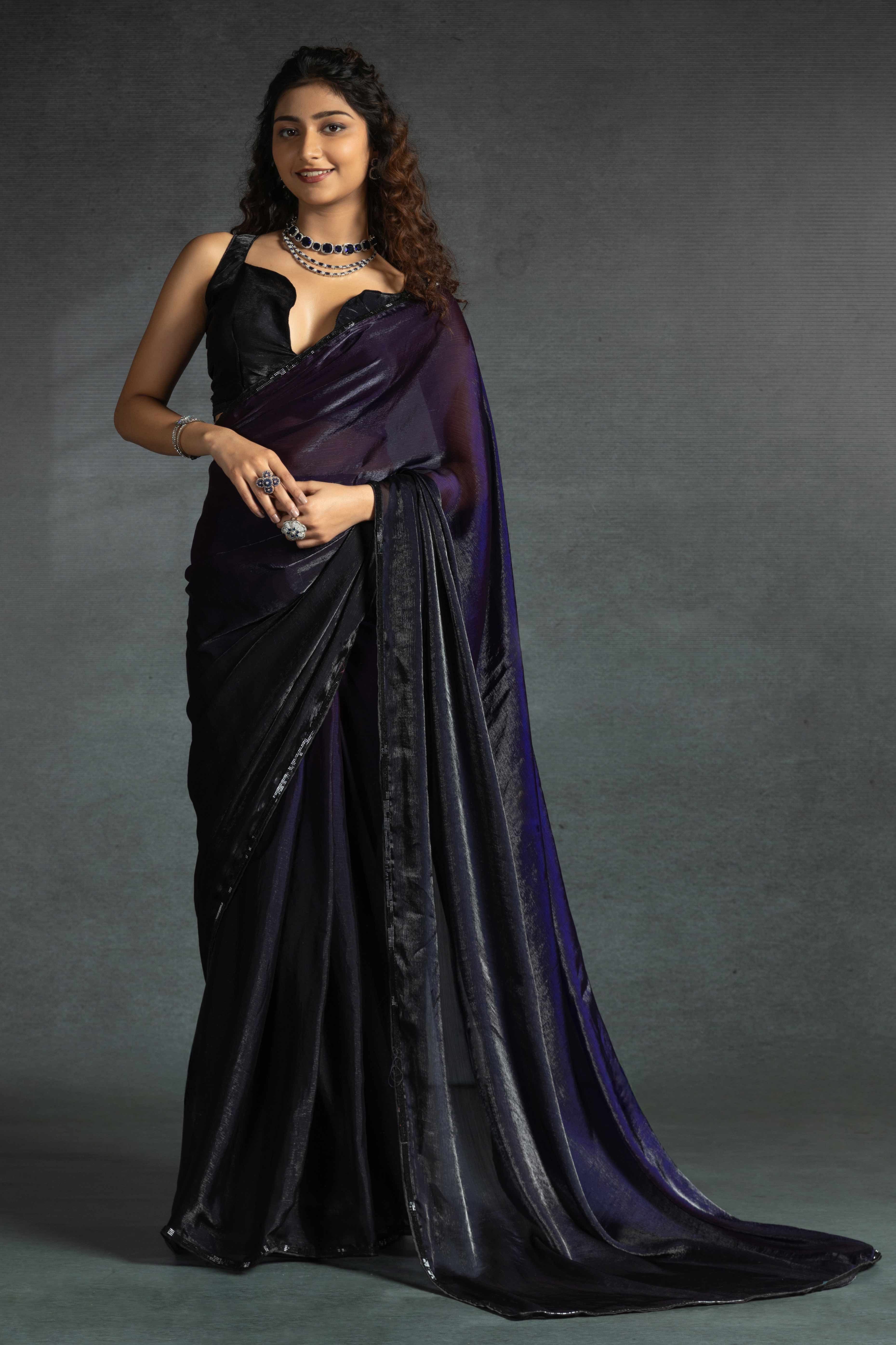 Violet Satin Ready To Wear Saree with Soft Ombre Tones and Intricate Stone Border