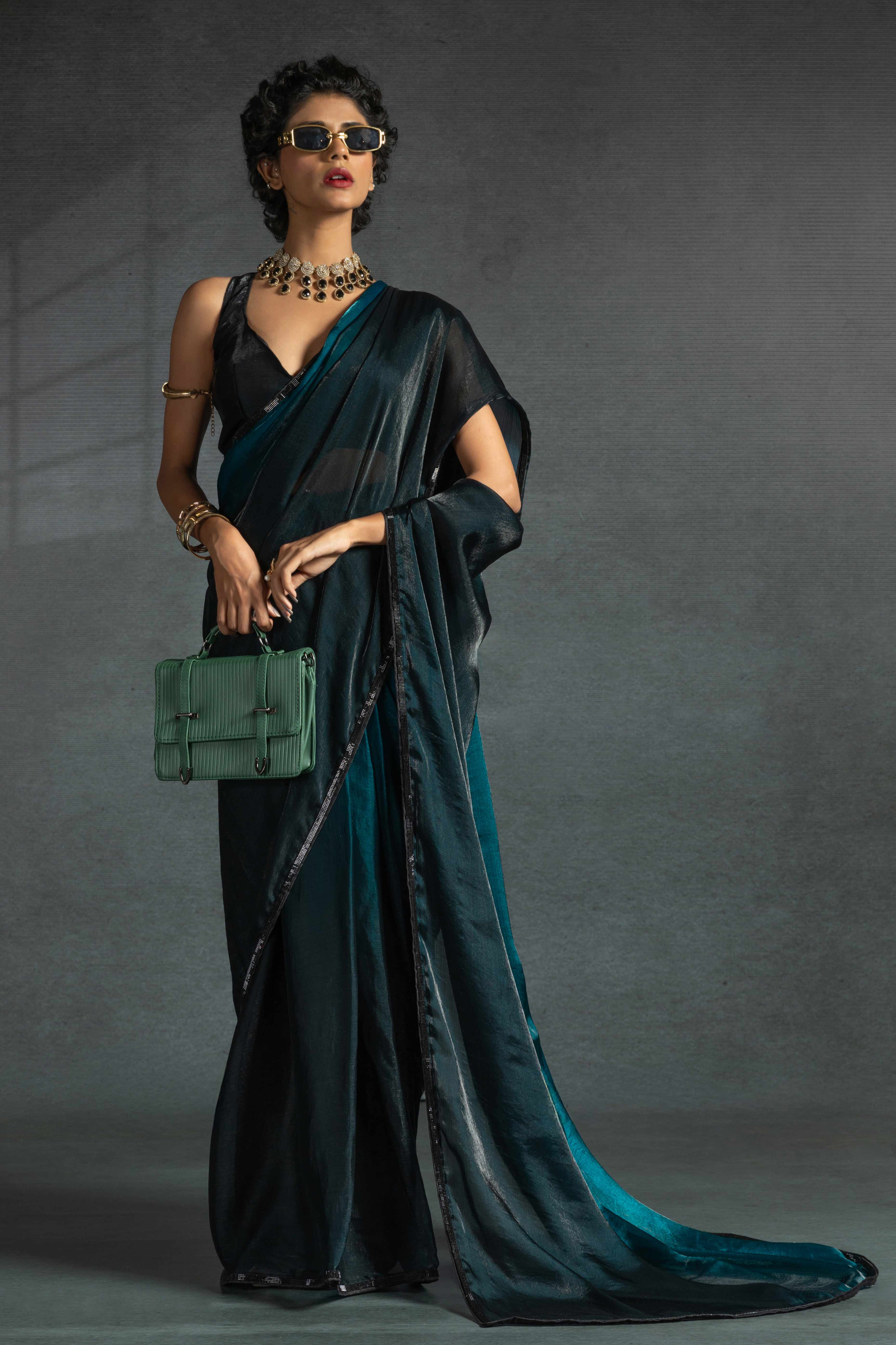 Teal Satin Ready To Wear Saree with Soft Ombre Tones and Intricate Stone Border