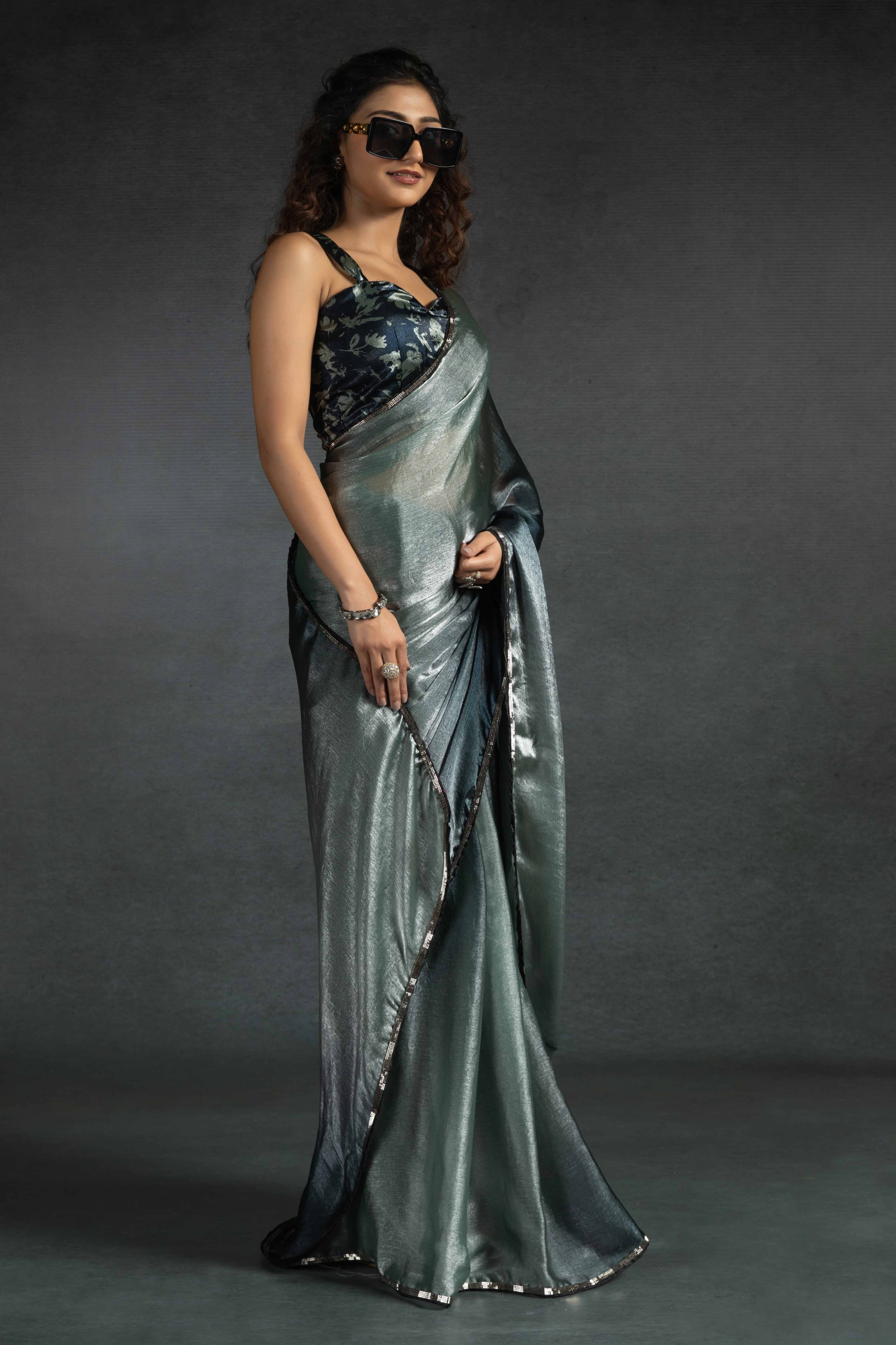 Pastel Grey Solid With Stone Work Satin Silk Ombre Ready To Wear Saree