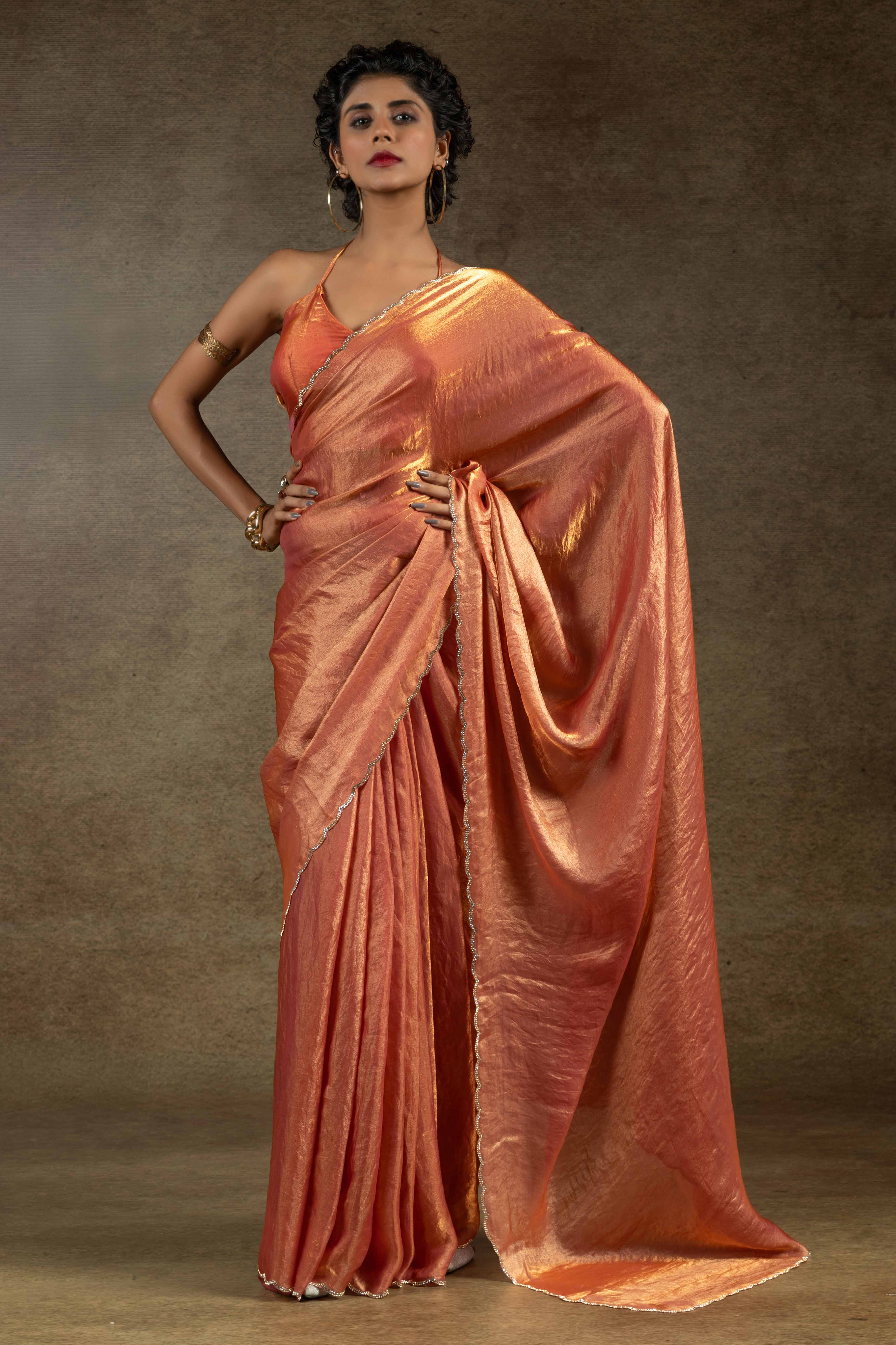 Orange Solid With Diamond Work Satin Ready To Wear Saree