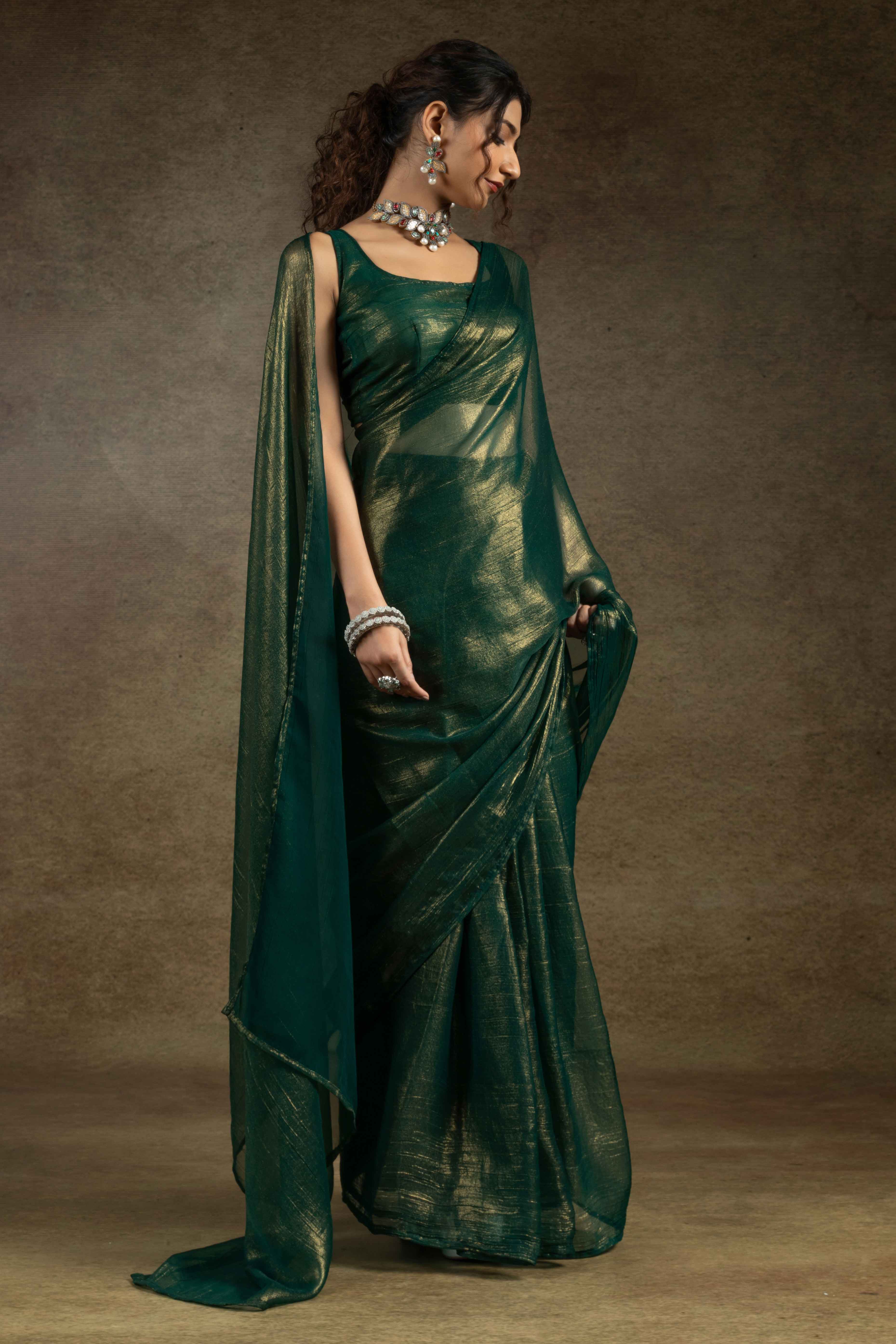 Green Ready-to-Wear Chiffon Saree in Minimal Solid Pattern for a Classy Vibe
