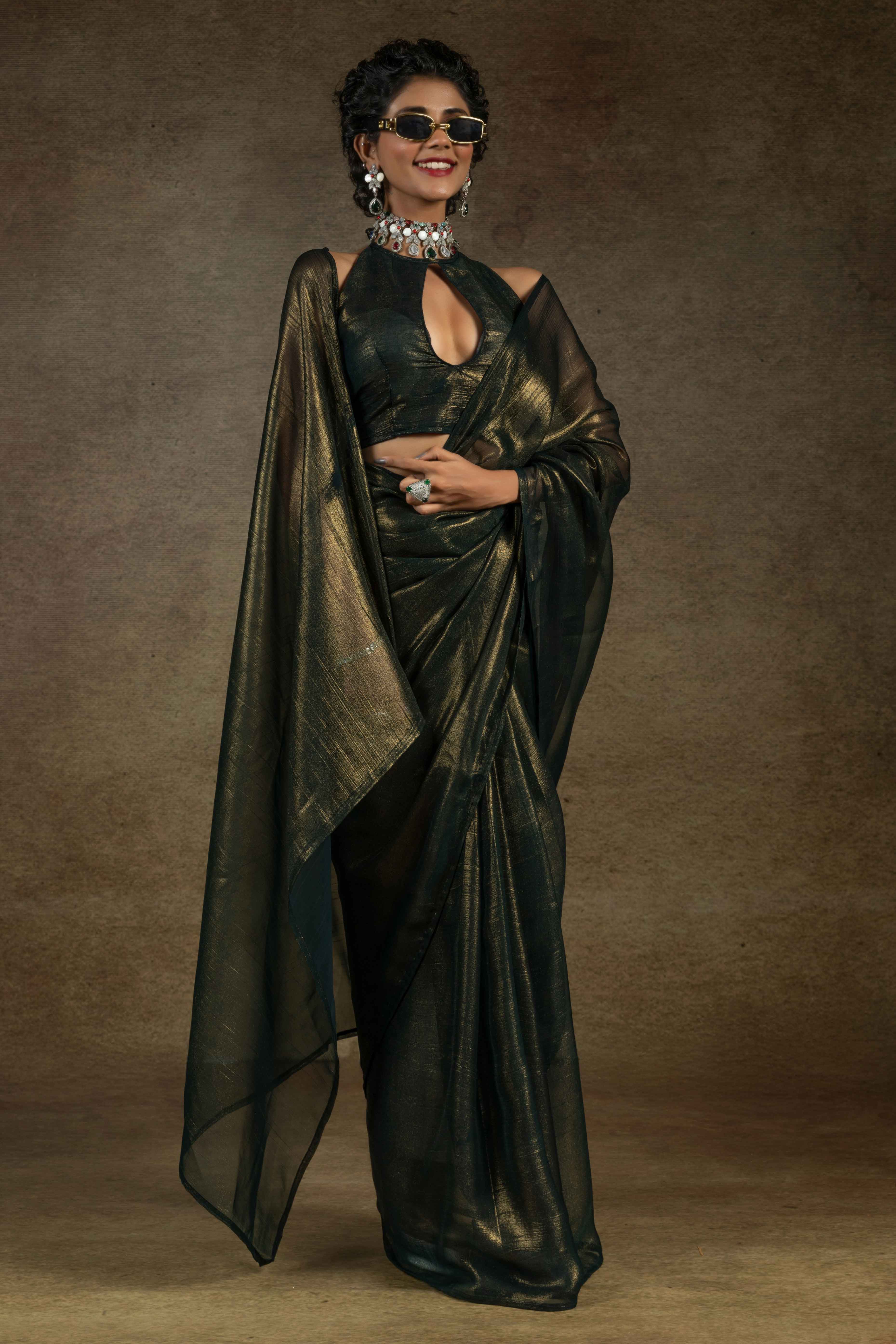 Black Ready-to-Wear Chiffon Saree in Minimal Solid Pattern for a Classy Vibe