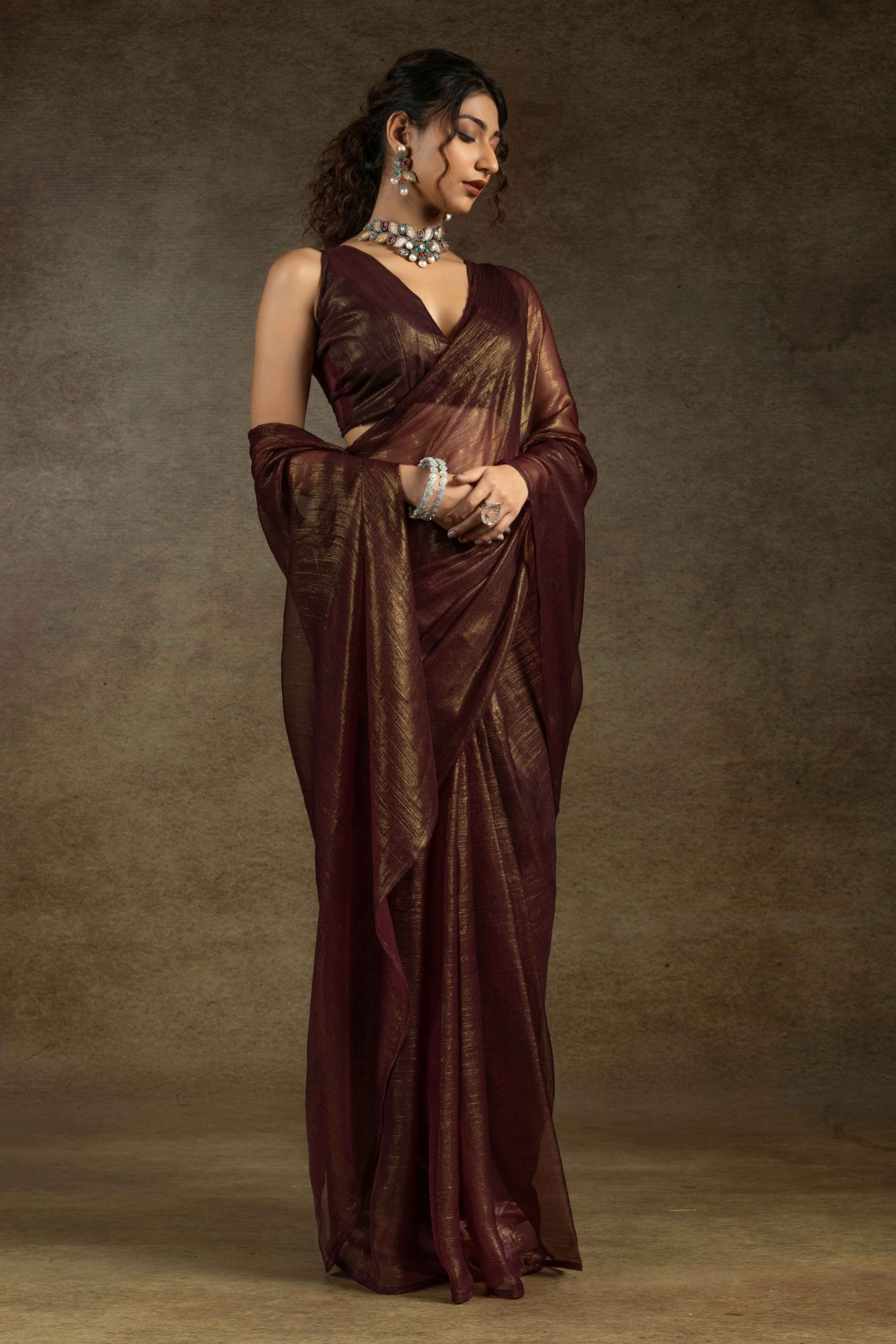 Brown Ready-to-Wear Chiffon Saree in Minimal Solid Pattern for a Classy Vibe